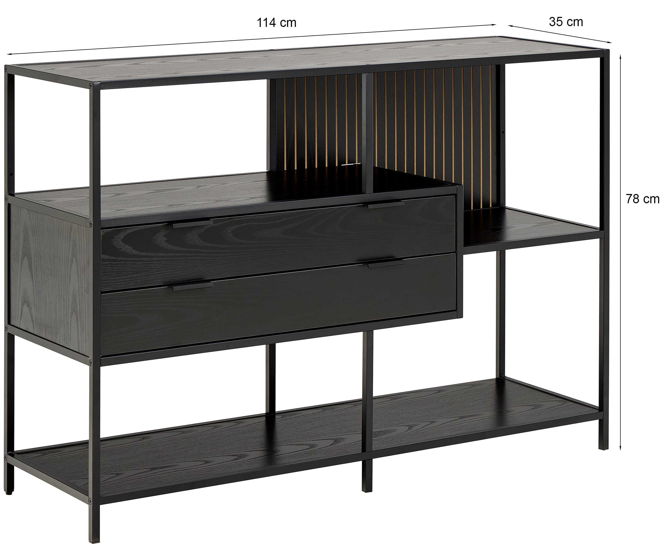 Regał Seaford 114 cm niski czarny z dwiema szufladami