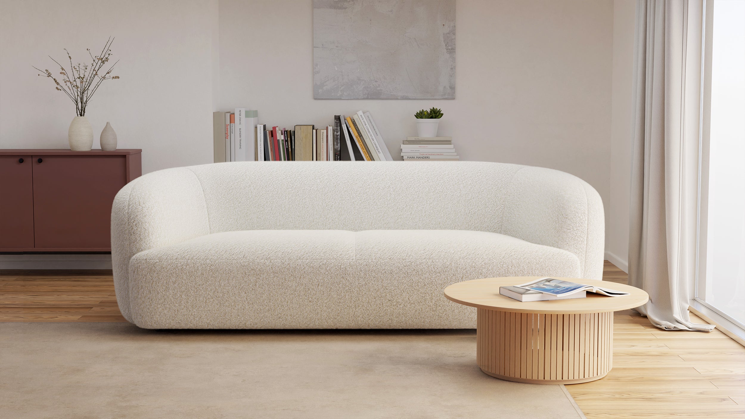 Sofa trzyosobowa Sabanitas biała w tkaninie boucle