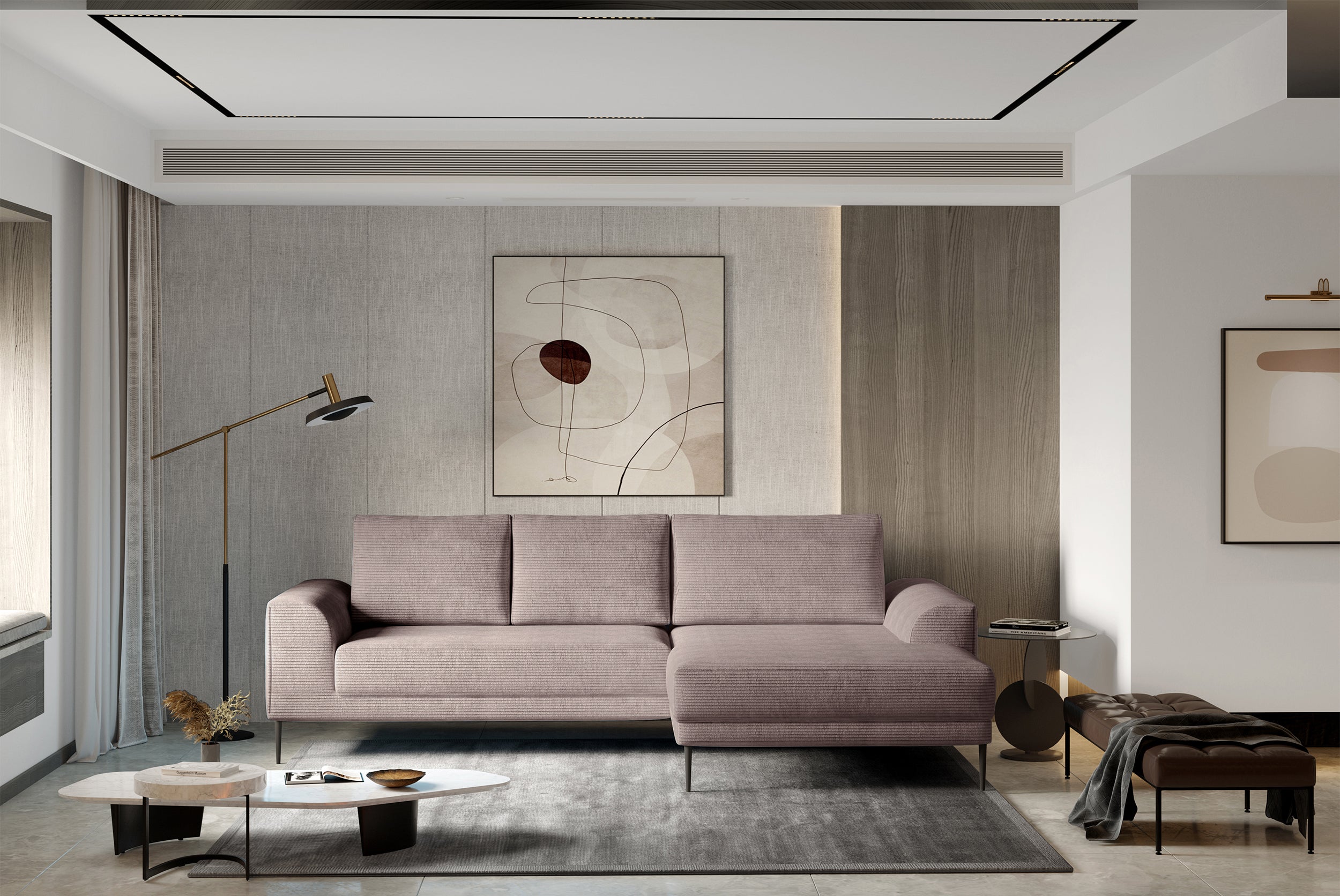 Narożnik z funkcją spania Capitol L-kształtny z pojemnikiem beżowy sztruks prawostronny