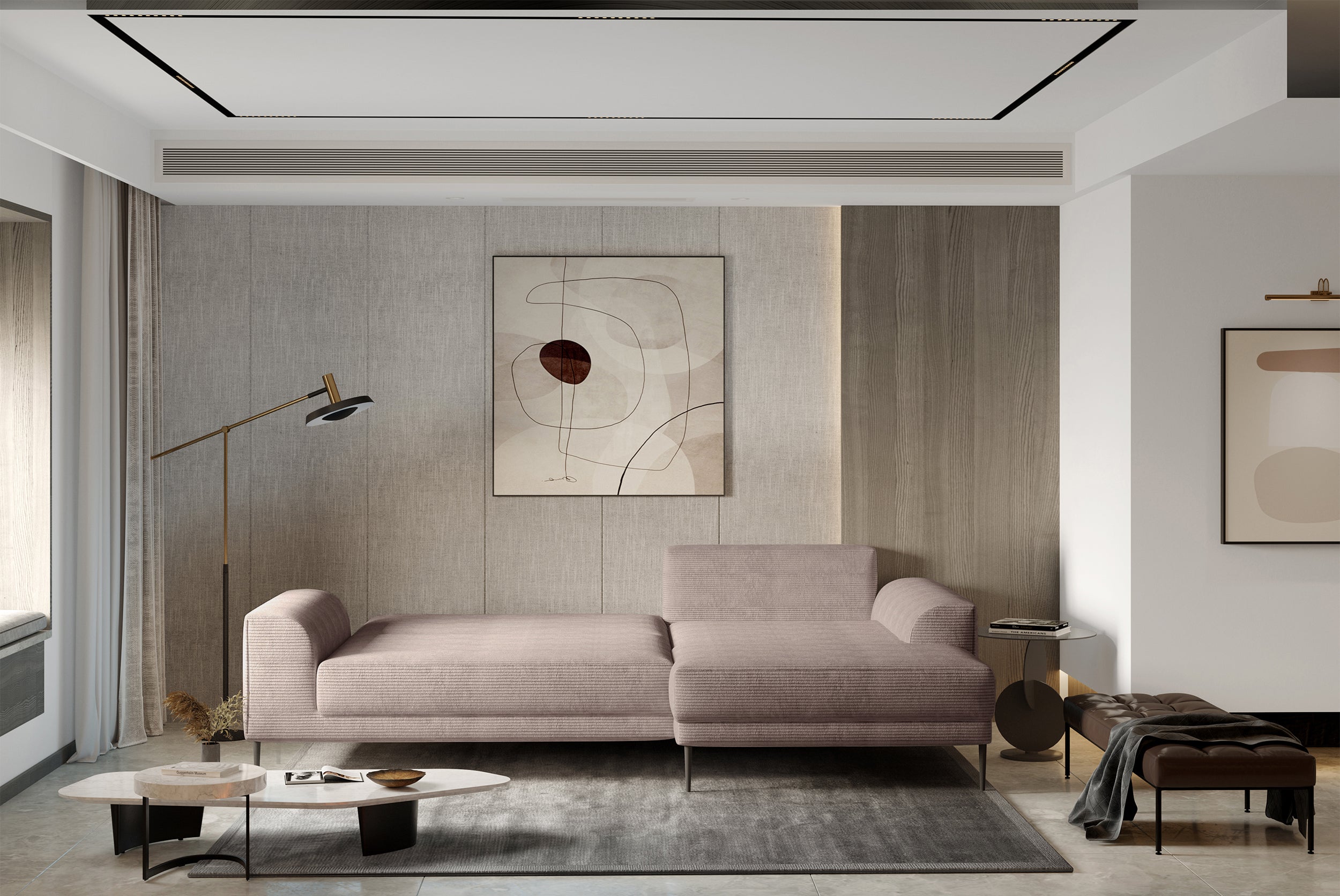 Narożnik z funkcją spania Capitol L-kształtny z pojemnikiem beżowy sztruks prawostronny