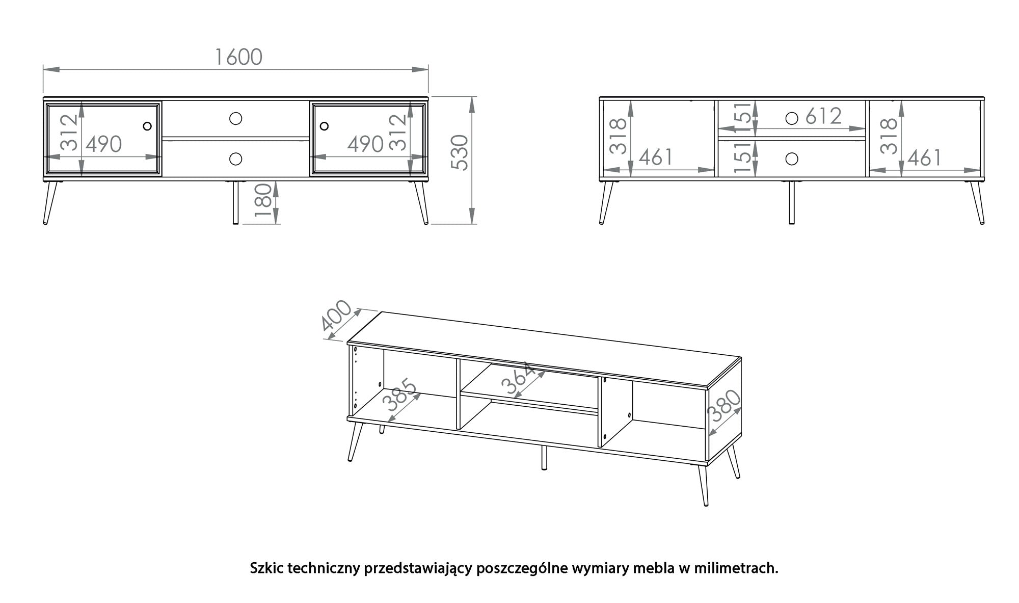 Szafka RTV Darrby 160 cm biała/biały połysk ze złotymi nogami