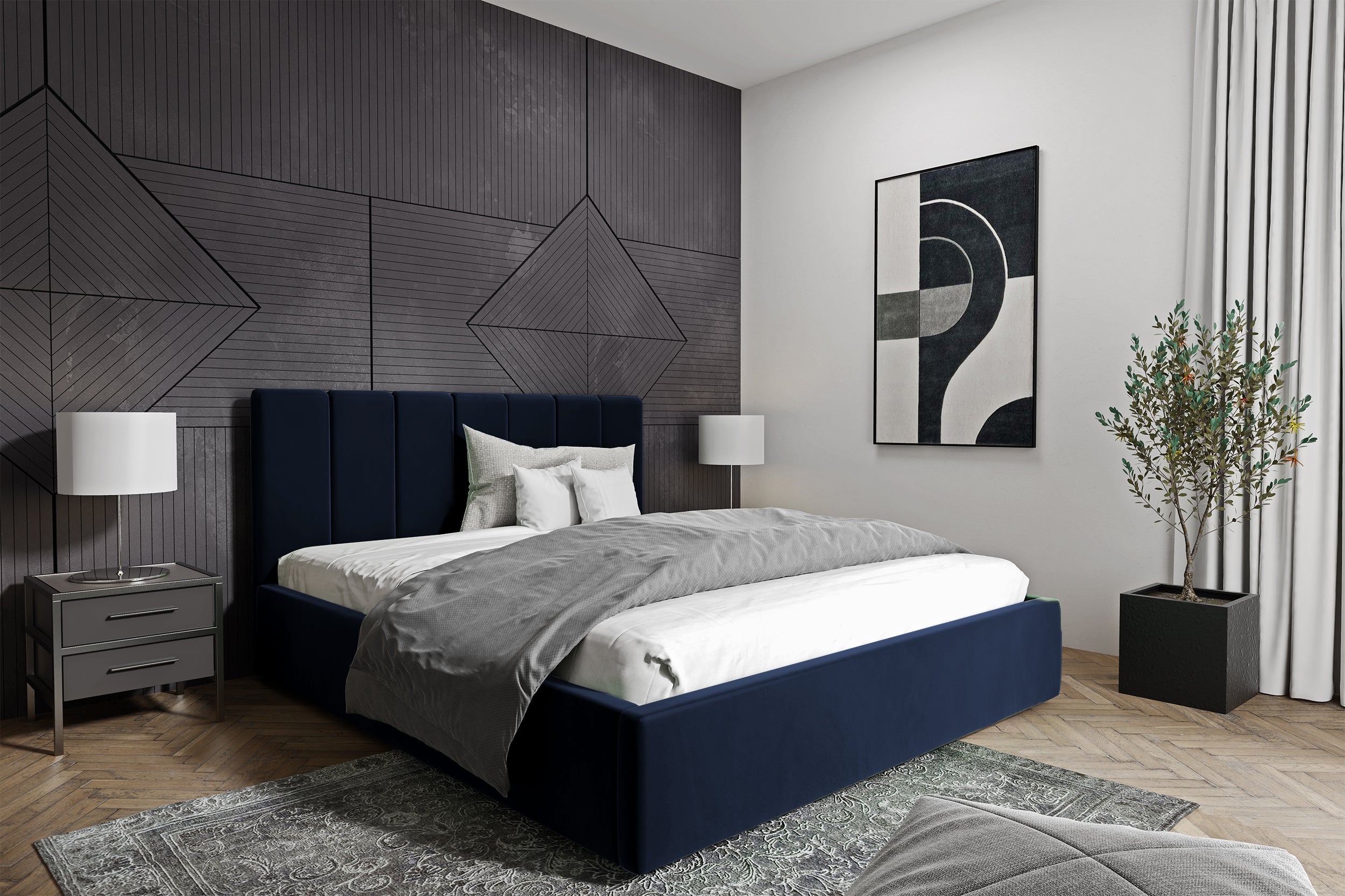 Łóżko tapicerowane Isara 160x200 cm z pojemnikiem granatowe welur