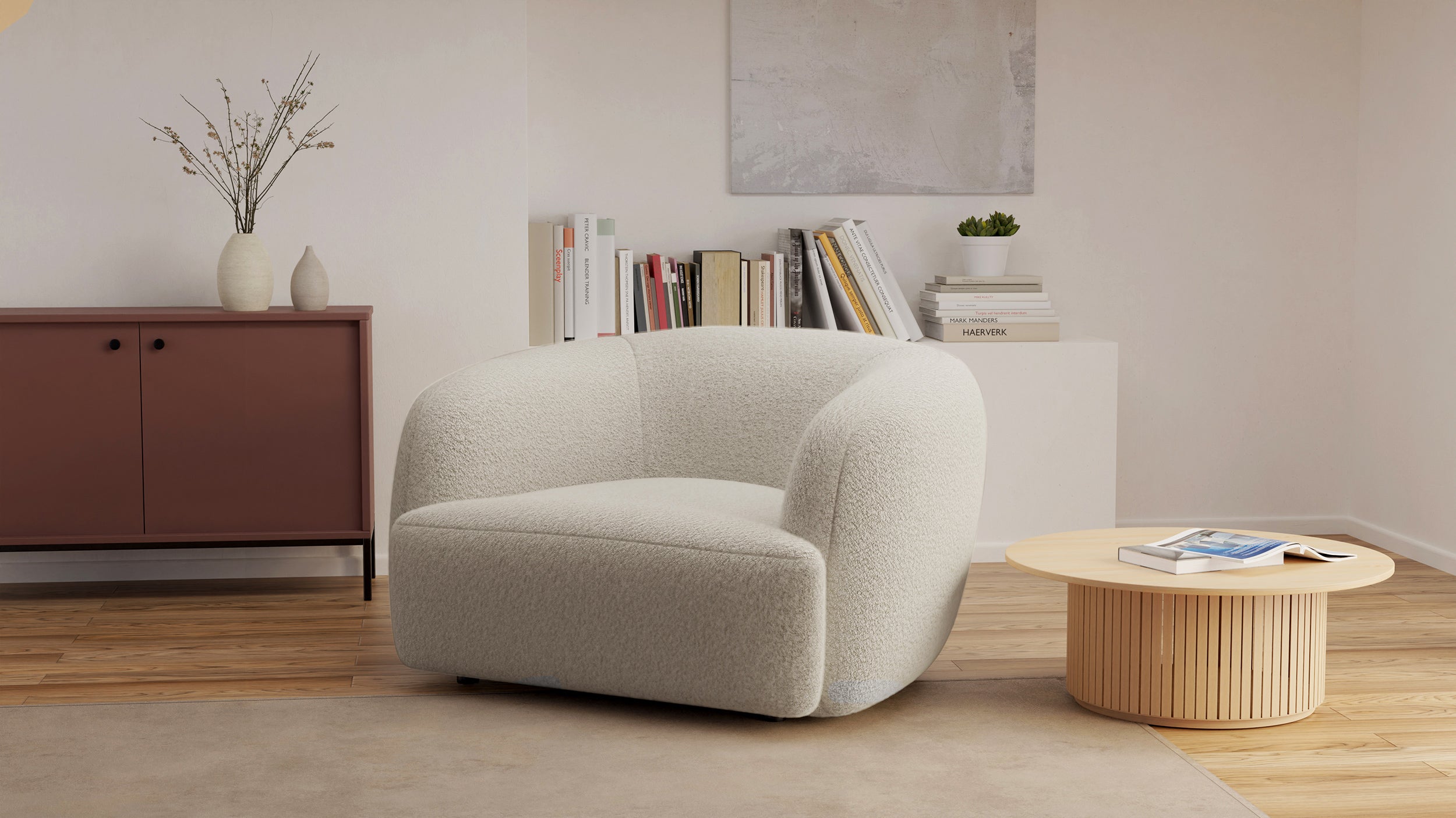 Fotel kubełkowy Sabanitas beżowy w tkaninie boucle