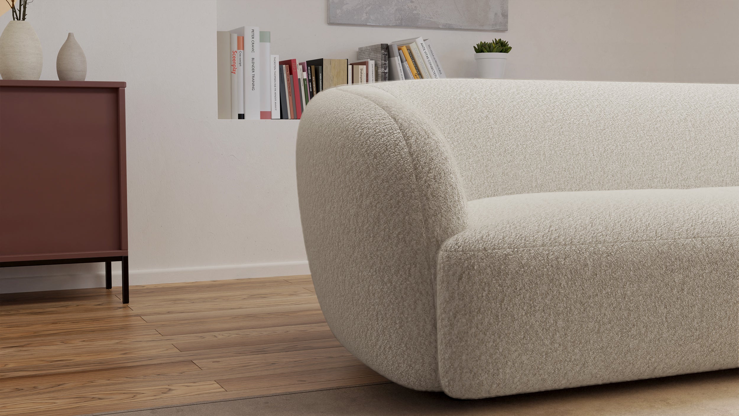Sofa trzyosobowa Sabanitas beżowa w tkaninie boucle