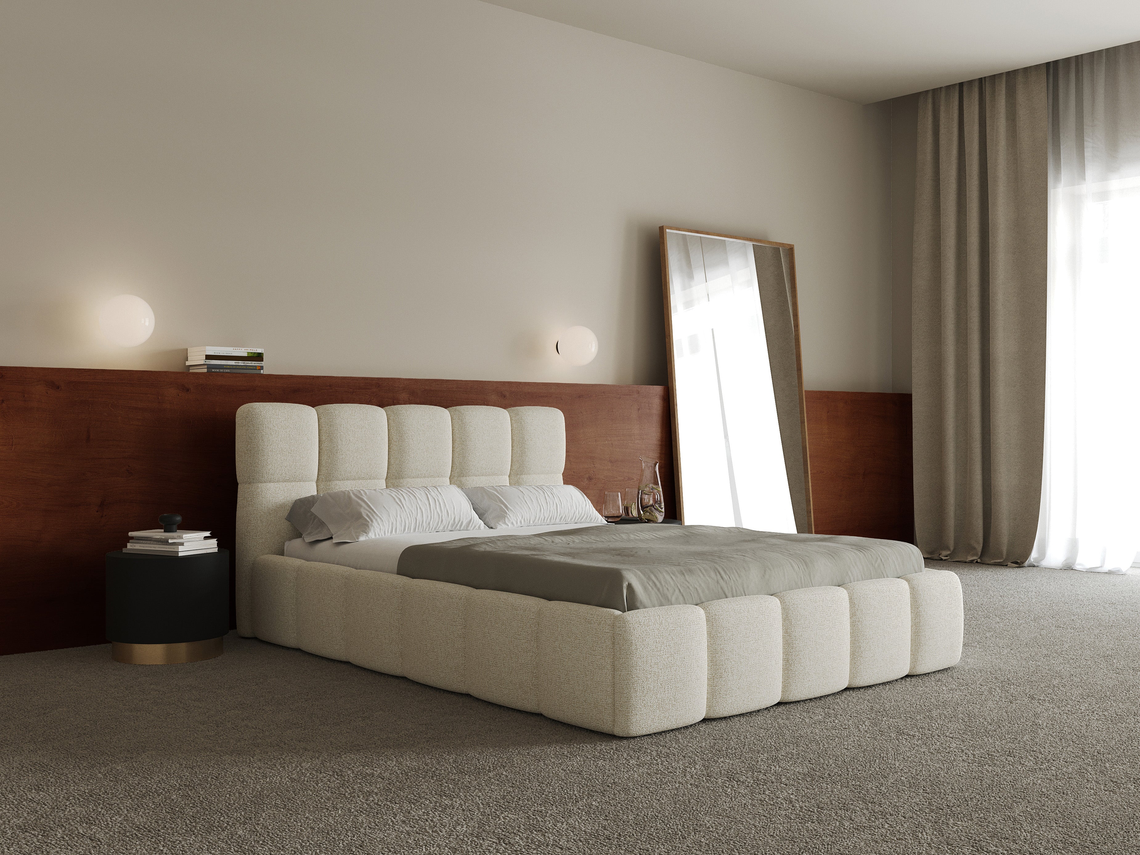 Łóżko tapicerowane 160x200 cm Cloudy z pojemnikiem jasnobeżowe plecionka stelaż metalowy