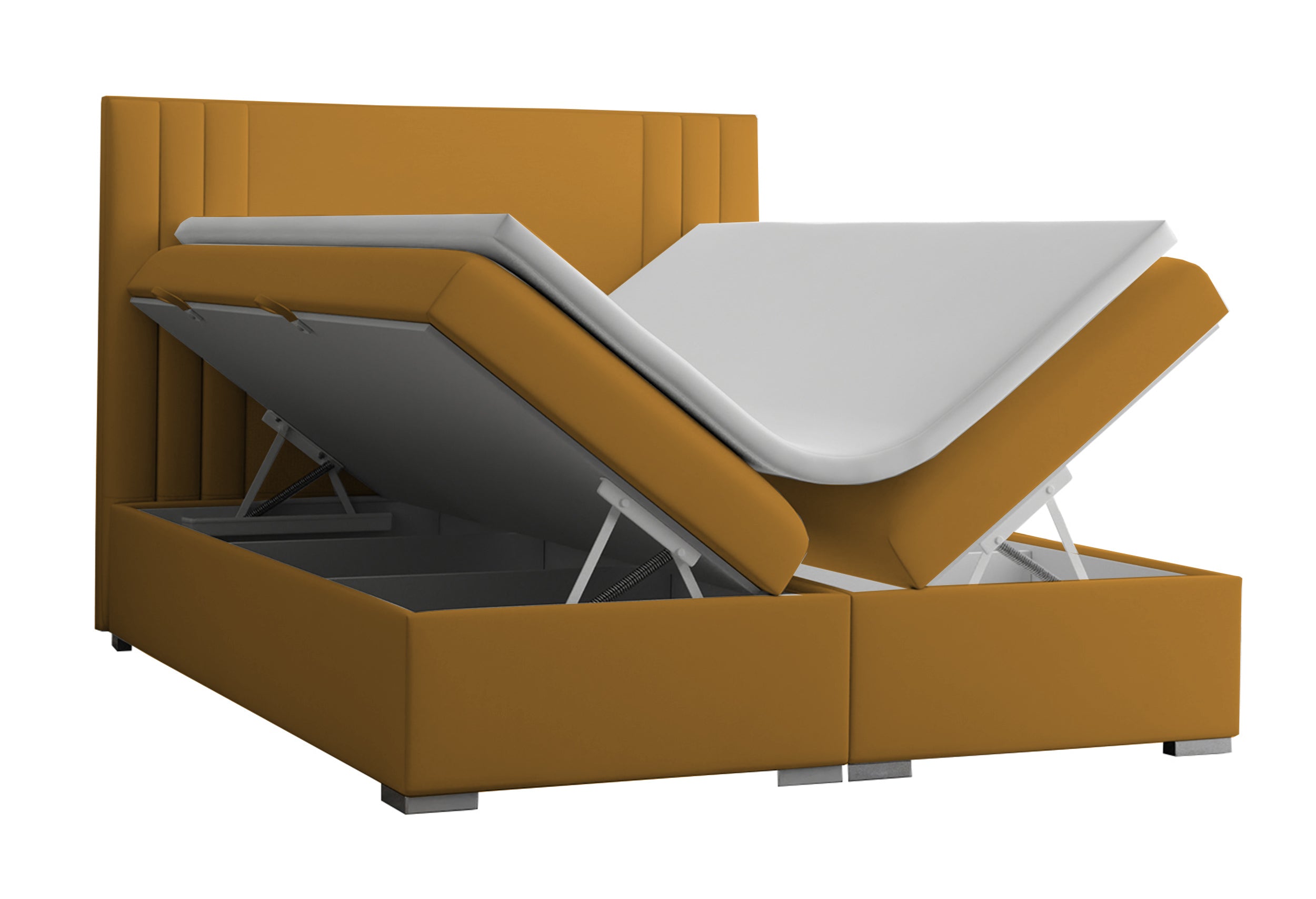 Łóżko kontynentalne 160x200 cm Monder z pojemnikami i topperem musztardowe welur hydrofobowy