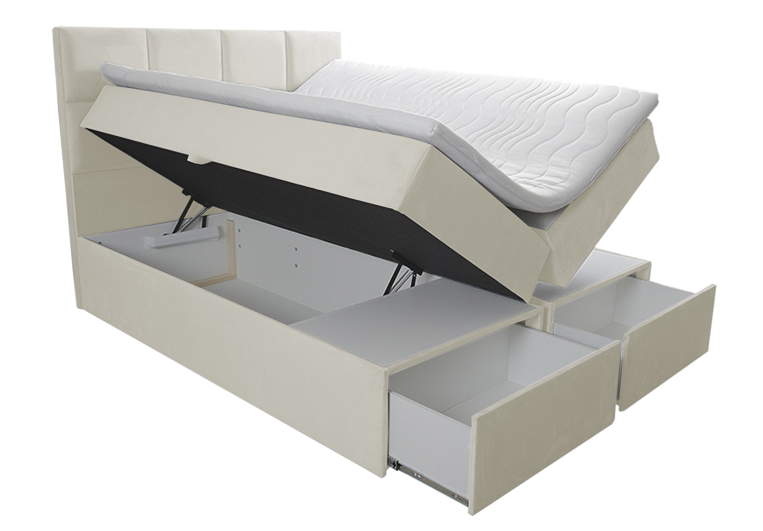 Łóżko kontynentalne 180x200 cm Tokio z pojemnikami i szufladami kremowe welur hydrofobowy