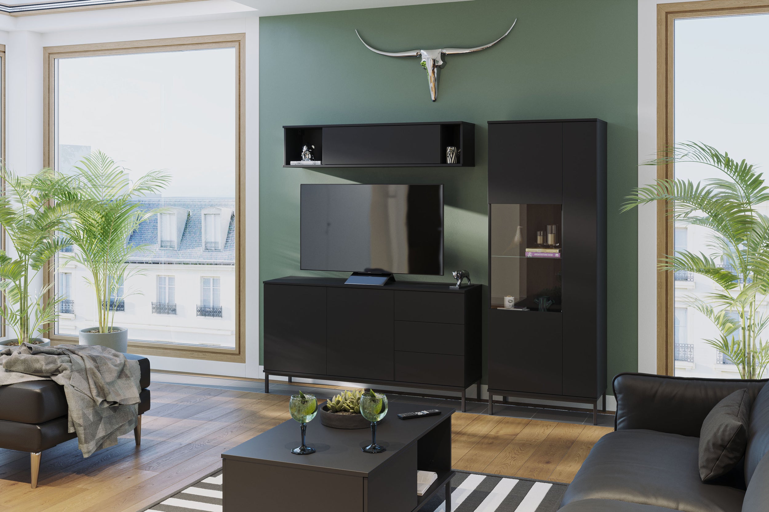 Komoda dwudrzwiowa Perila 150 cm z szufladami czarna