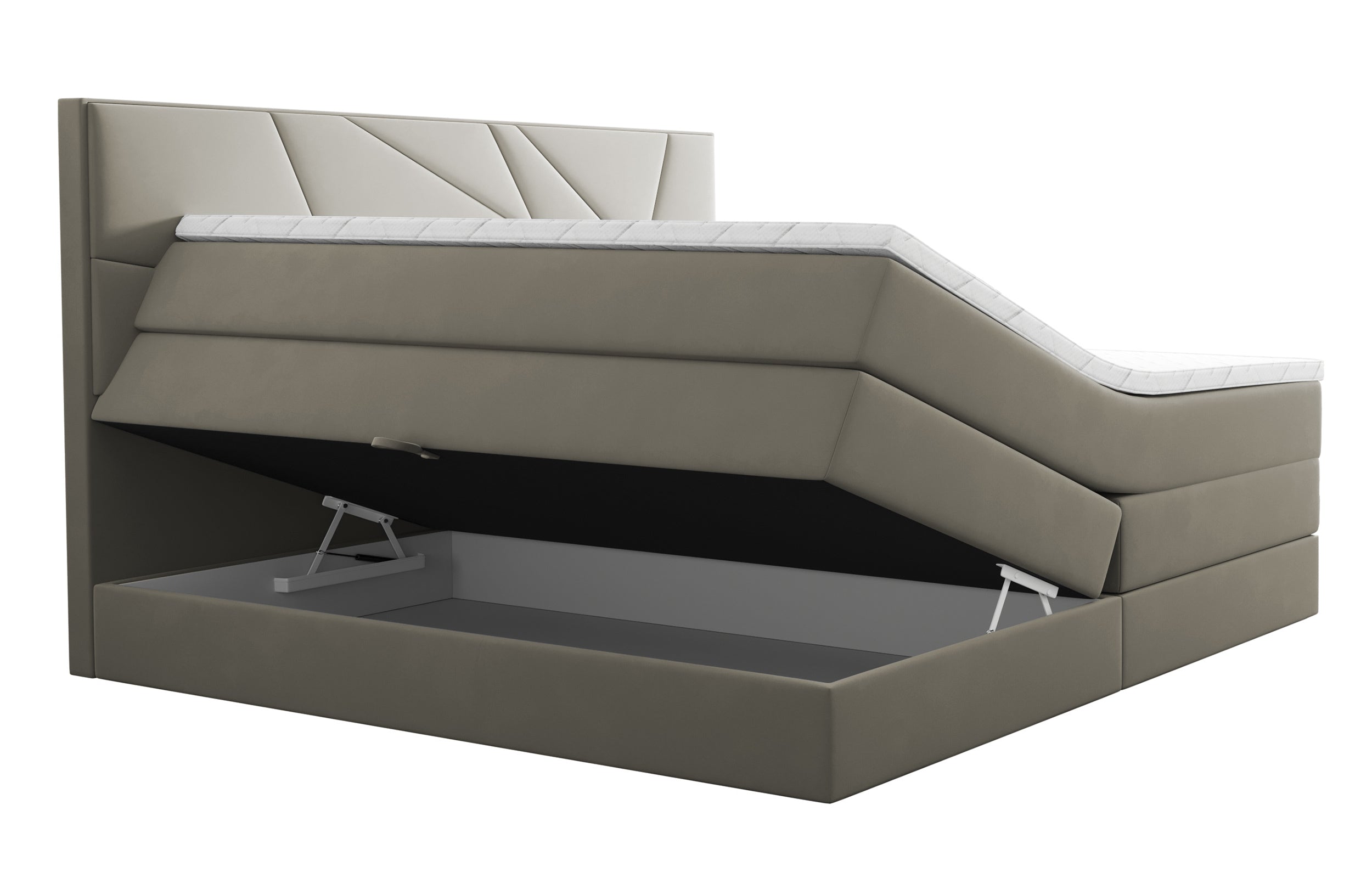 Łóżko kontynentalne 160x200 cm Vendes z pojemnikami materacami bonnellowymi i kieszeniowym szarobeżowe welur hydrofobowy