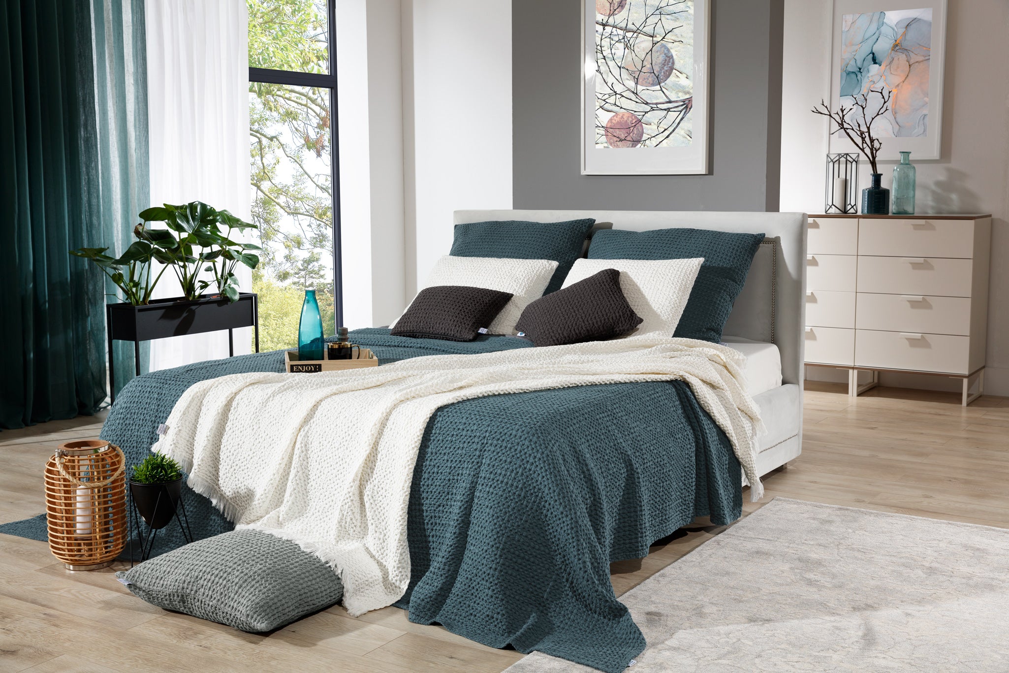 Narzuta na łóżko Alpinia bawełniana morska 140x220 cm