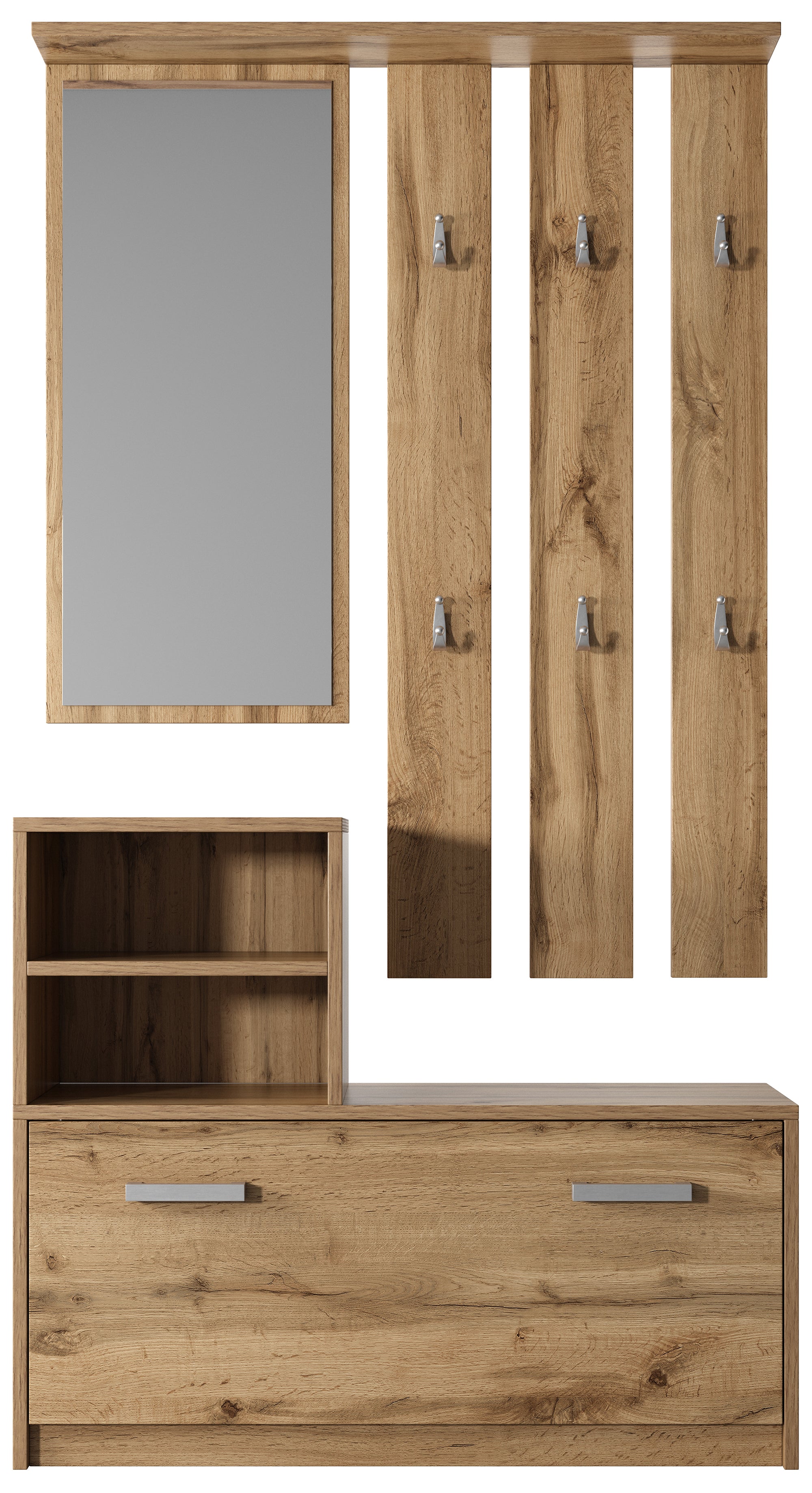 Zestaw do przedpokoju Yesfir z lustrem, wieszakami, półkami oraz szafką na buty Dąb wotan
