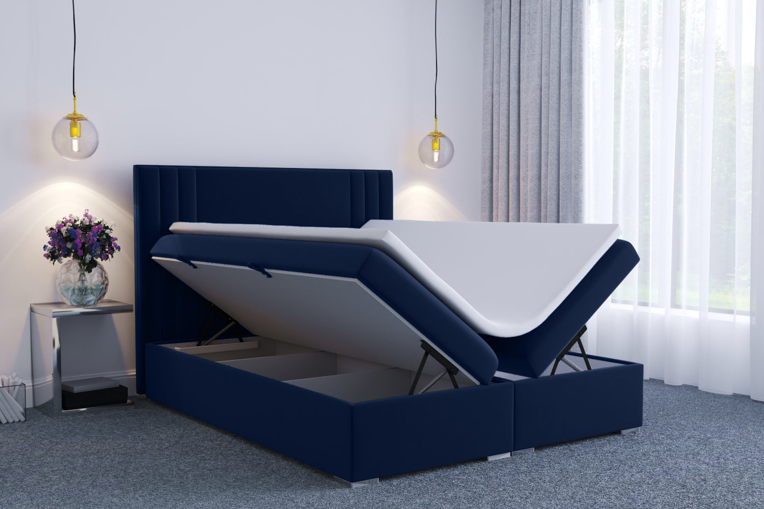 Łóżko kontynentalne 140x200 cm Monder z pojemnikami i topperem granatowe welur hydrofobowy