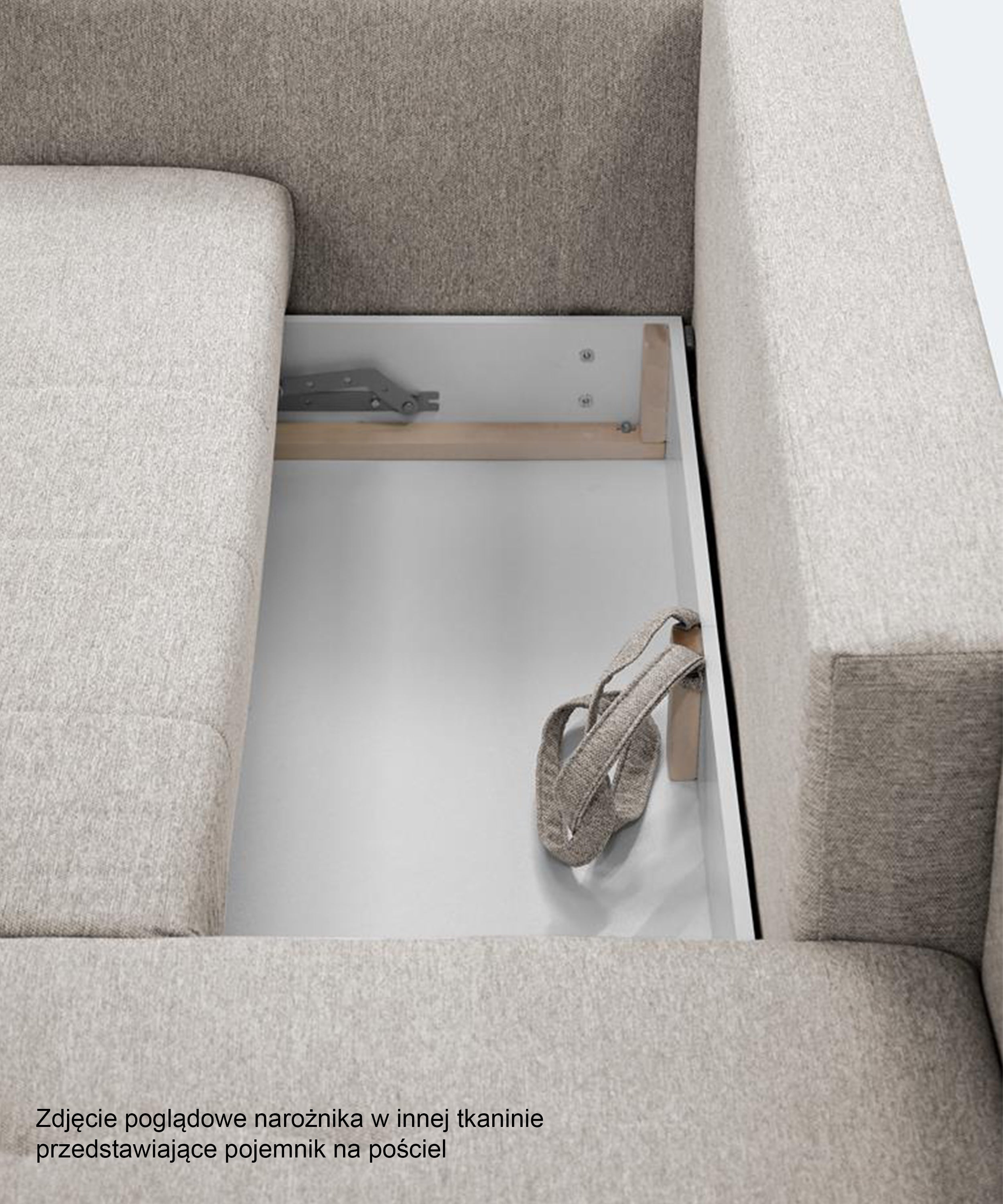 Narożnik z funkcją spania Lafre z pojemnikiem granatowy prawostronny w tkaninie hydrofobowej plecionka nogi buk