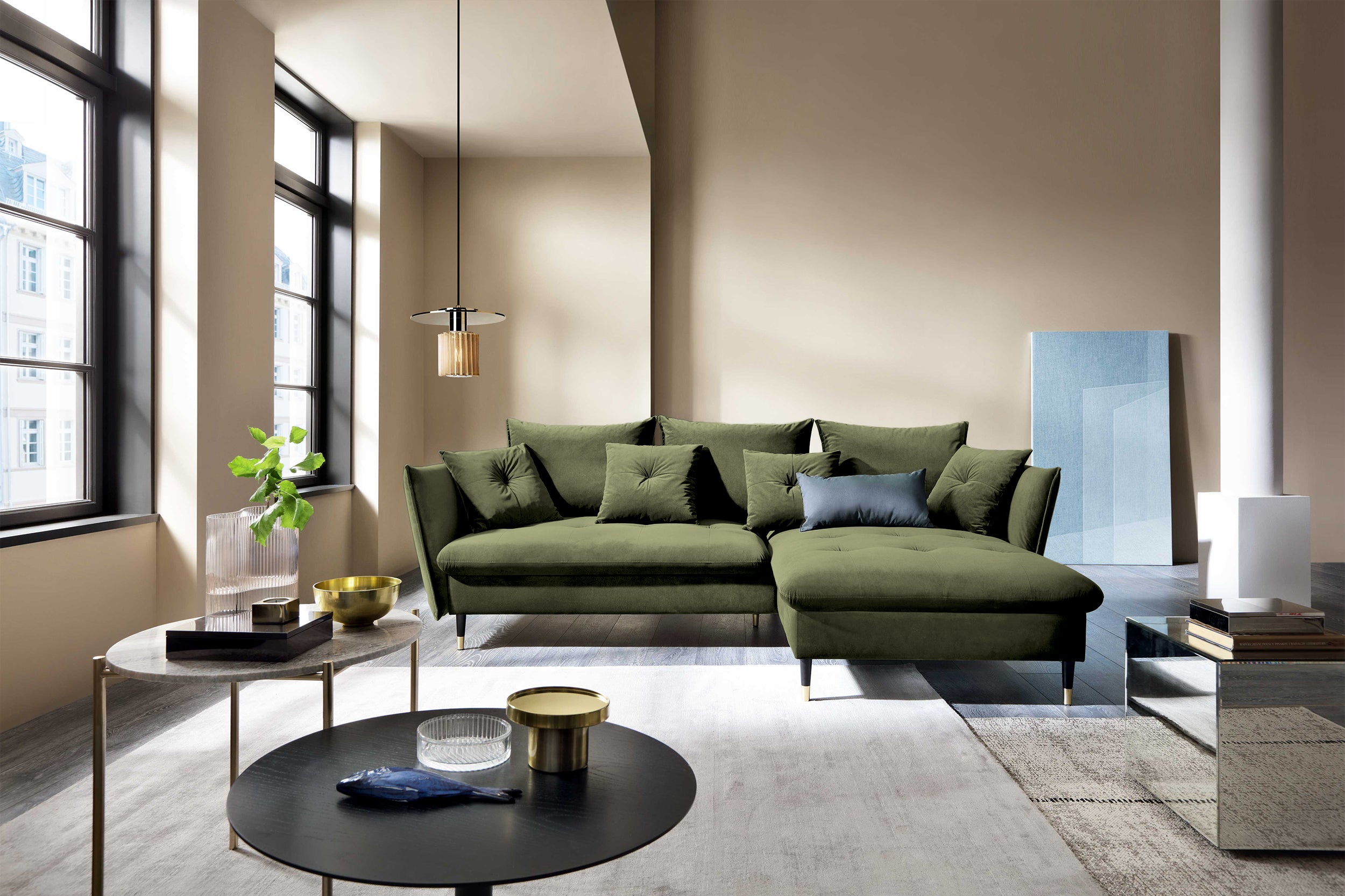 Narożnik z funkcją spania Balze L-kształtny z pojemnikiem oliwkowy velvet hydrofobowy prawostronny