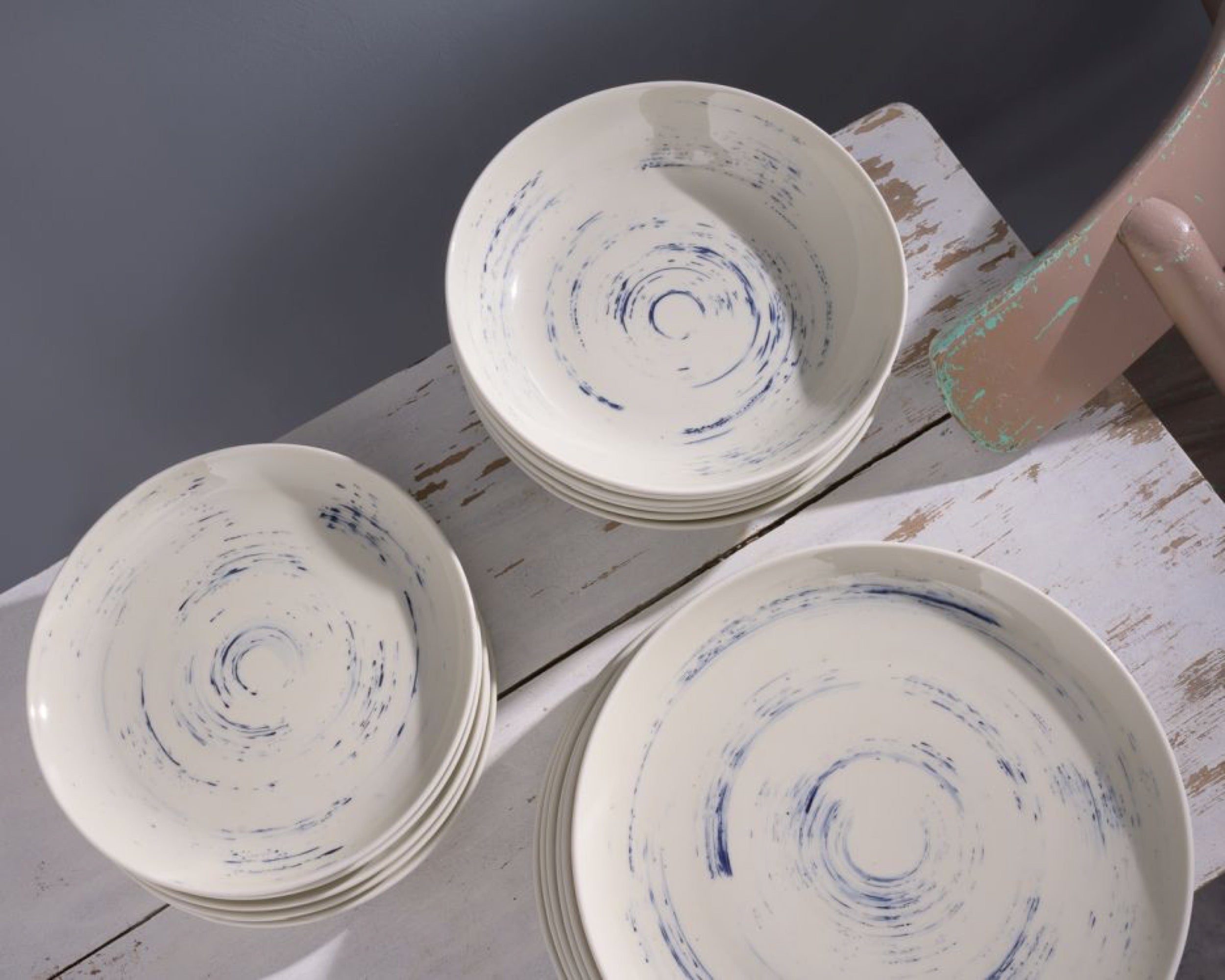 Zestaw talerzy porcelanowych dla 6 os. City beżowo-niebieski