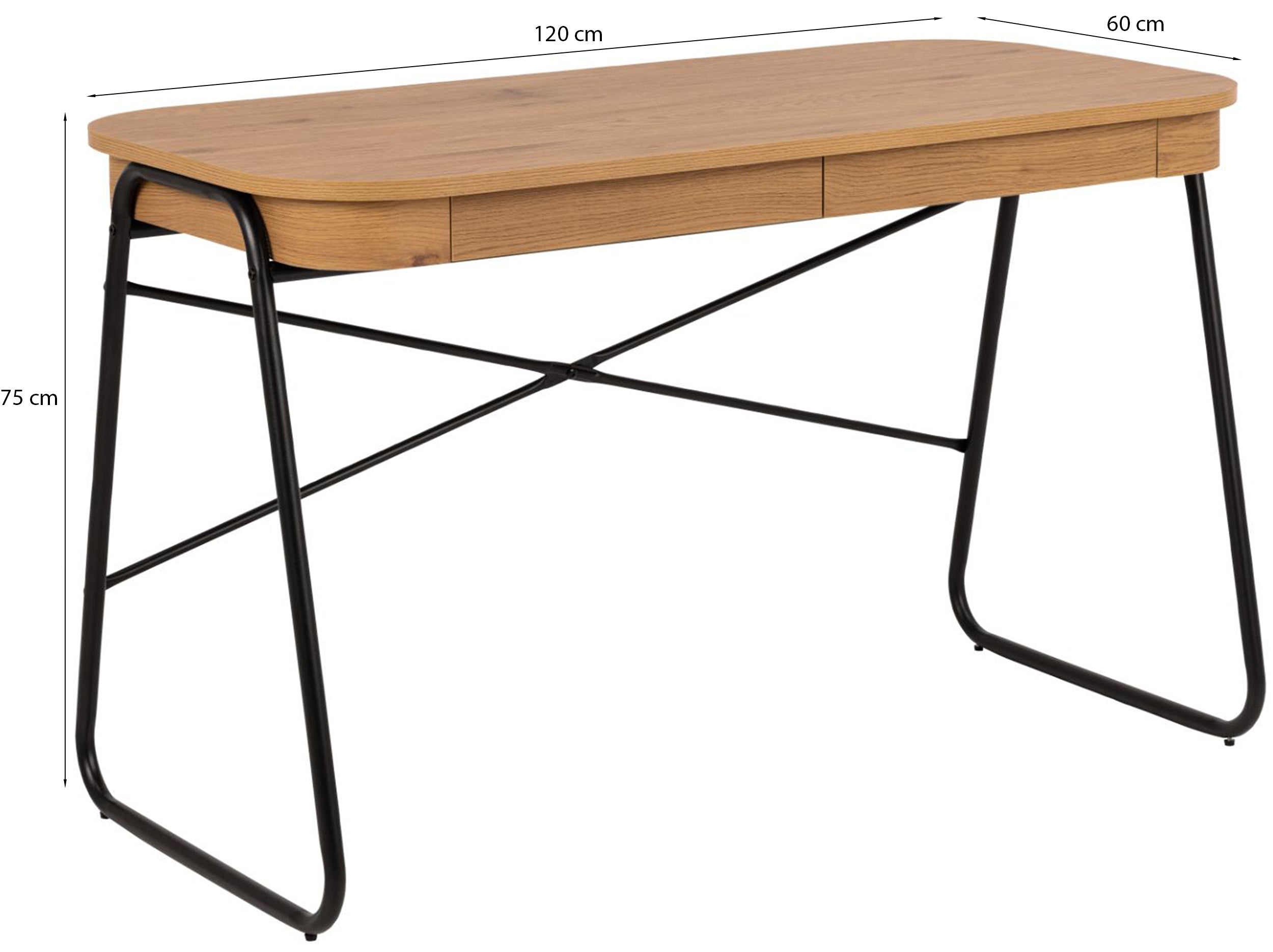 Biurko Lizeno 120x60 cm z dwoma szufladami na czarnej metalowej podstawie naturalny mat