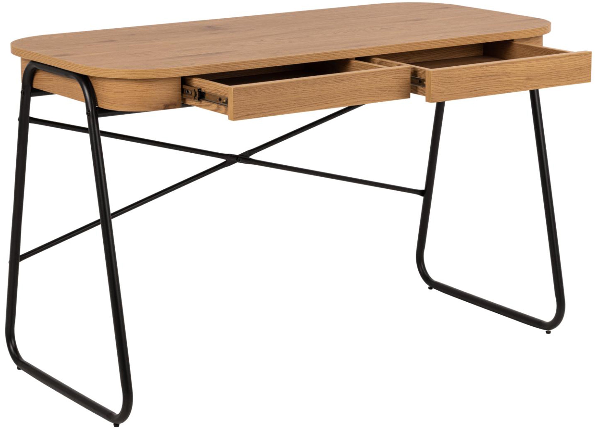 Biurko Lizeno 120x60 cm z dwoma szufladami na czarnej metalowej podstawie naturalny mat