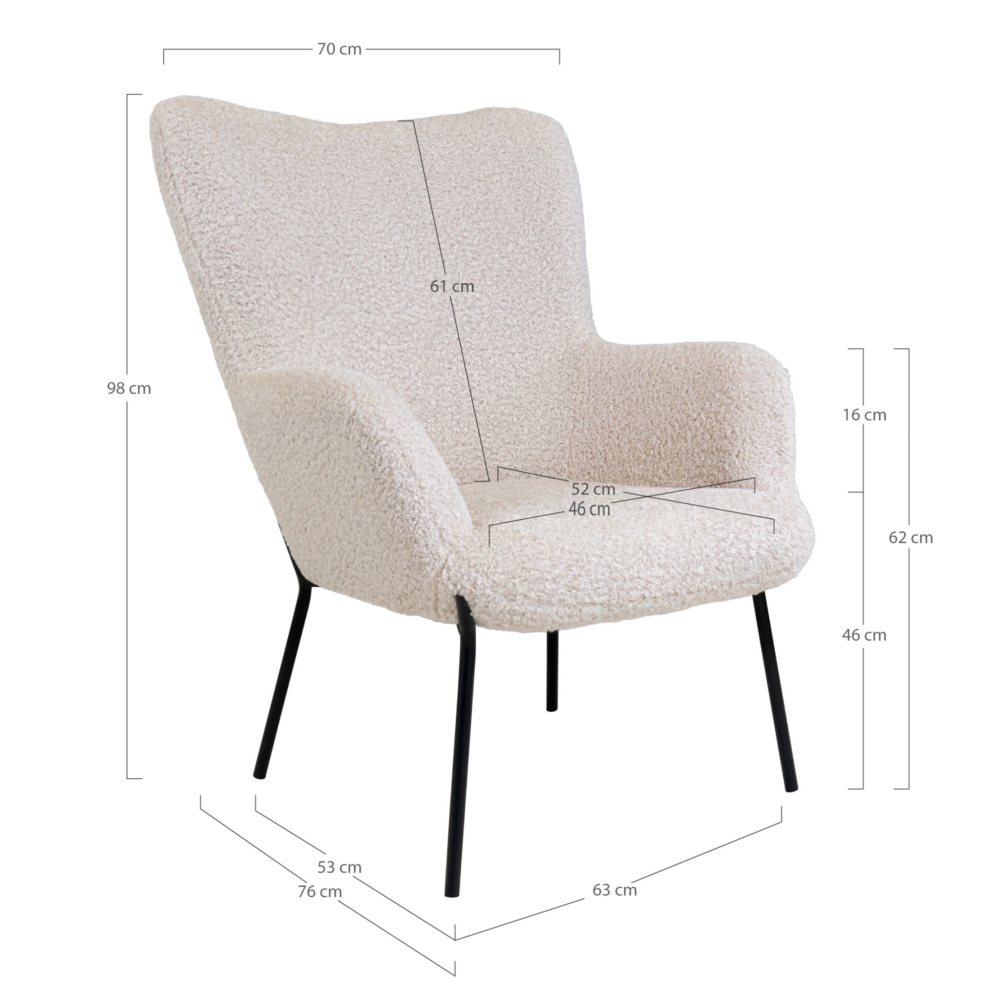 Biały fotel uszak Glaber z tkaniny boucle - idealny do relaksu w salonie.