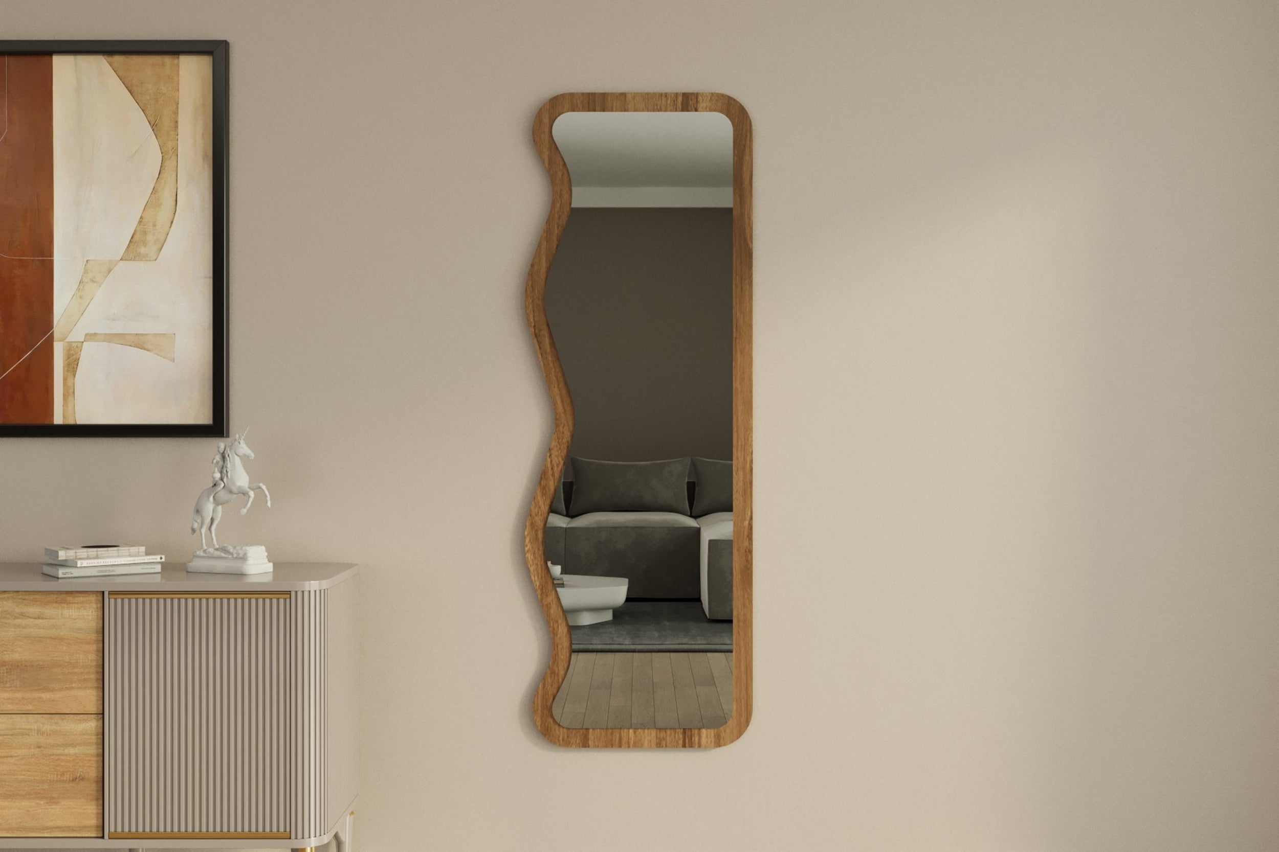 Lustro stojące Asel 160x50 cm w ciemnobrązowej ramie z asymetrycznymi falami