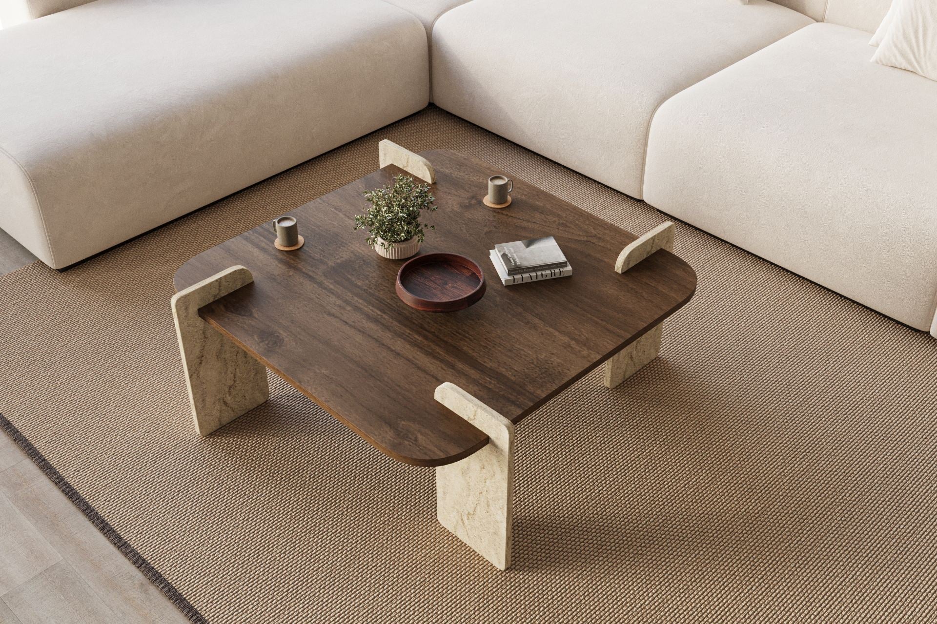 Stolik kawowy Afrolli 90x90 cm orzech z nogami trawertyn
