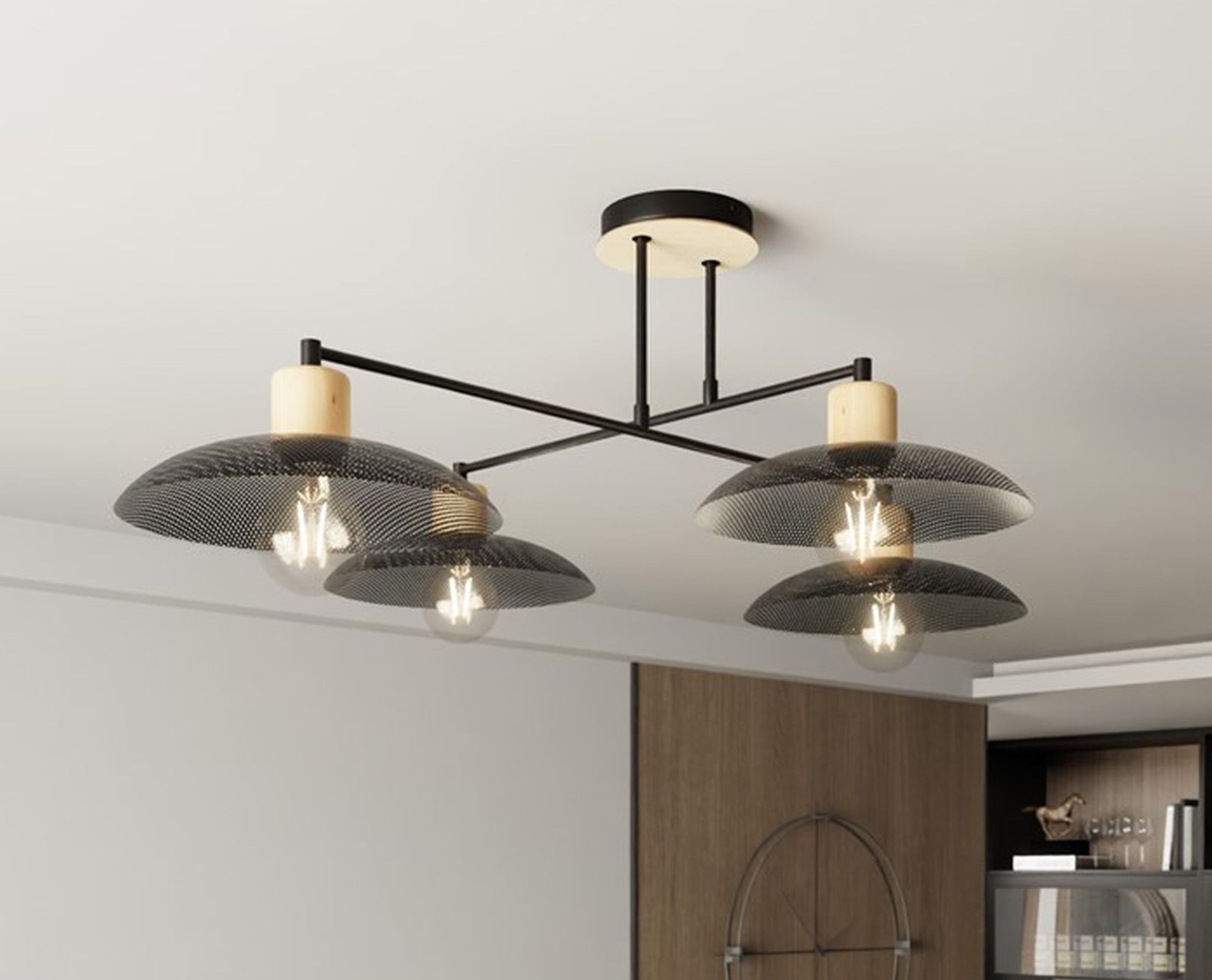 Lampa wisząca Kobe czarna z drewnianymi wstawkami x4