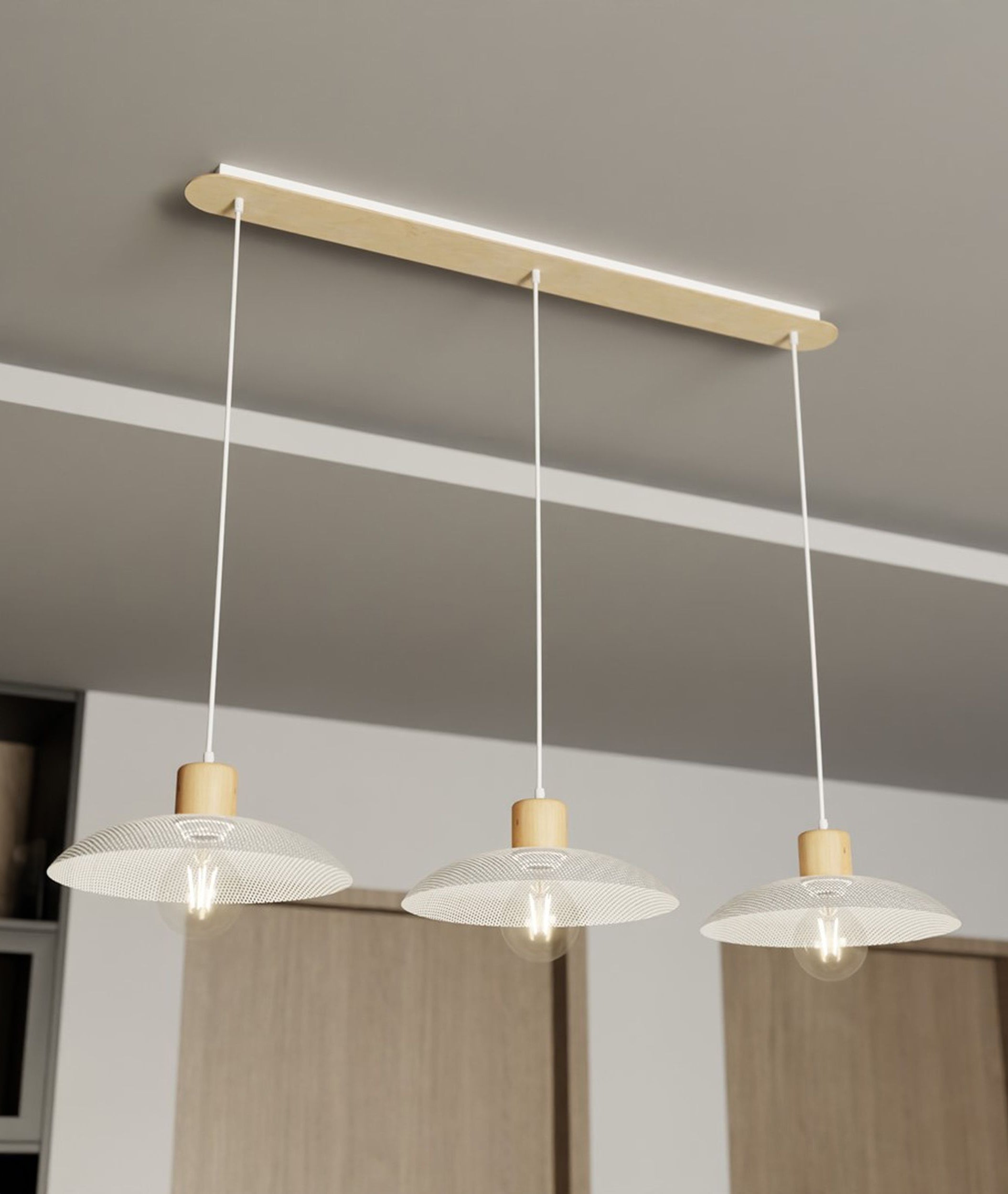 Lampa wisząca Kobe biała z drewnianymi wstawkami x4