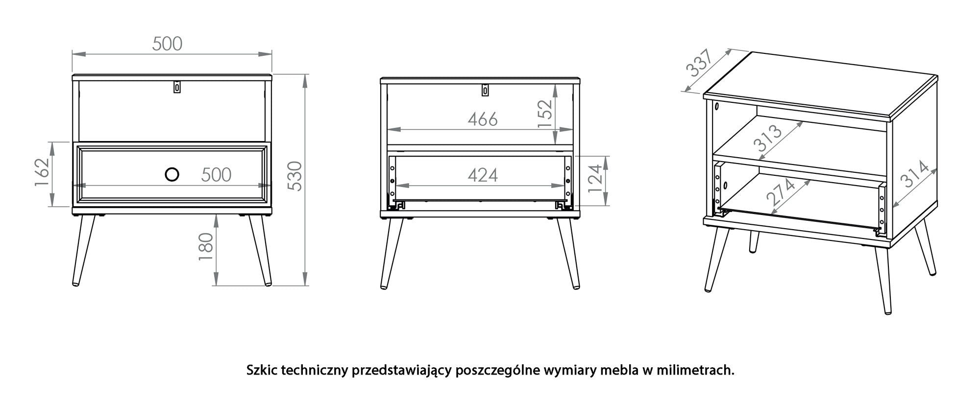 Szafka nocna Darrby 50x34 cm z szufladą biała/biały połysk ze złotymi nogami