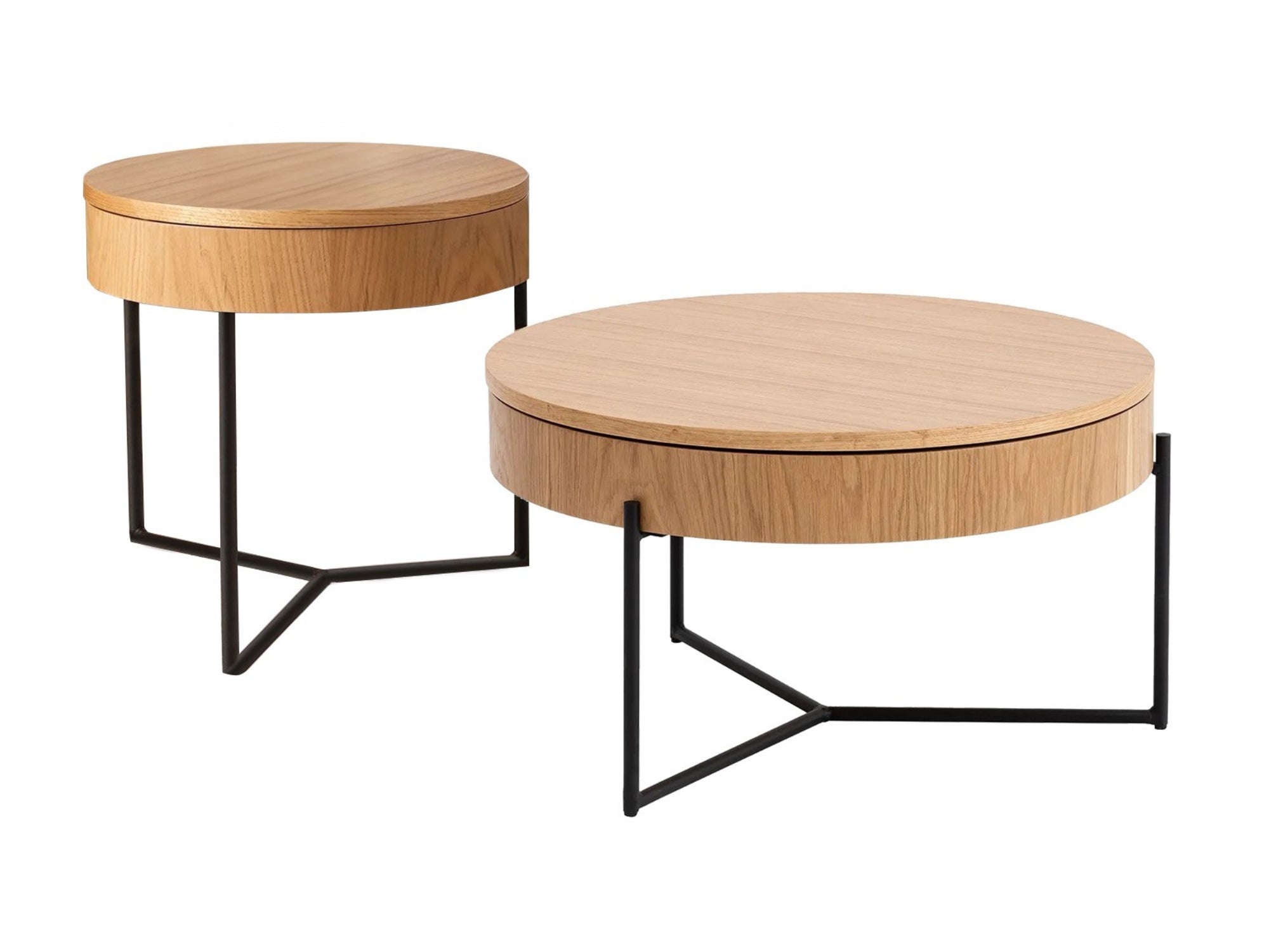 Zestaw stolików kawowych Vorcei okrągłe blaty średnica 50 i  70 cm dąb naturalny/ czarne nóżki