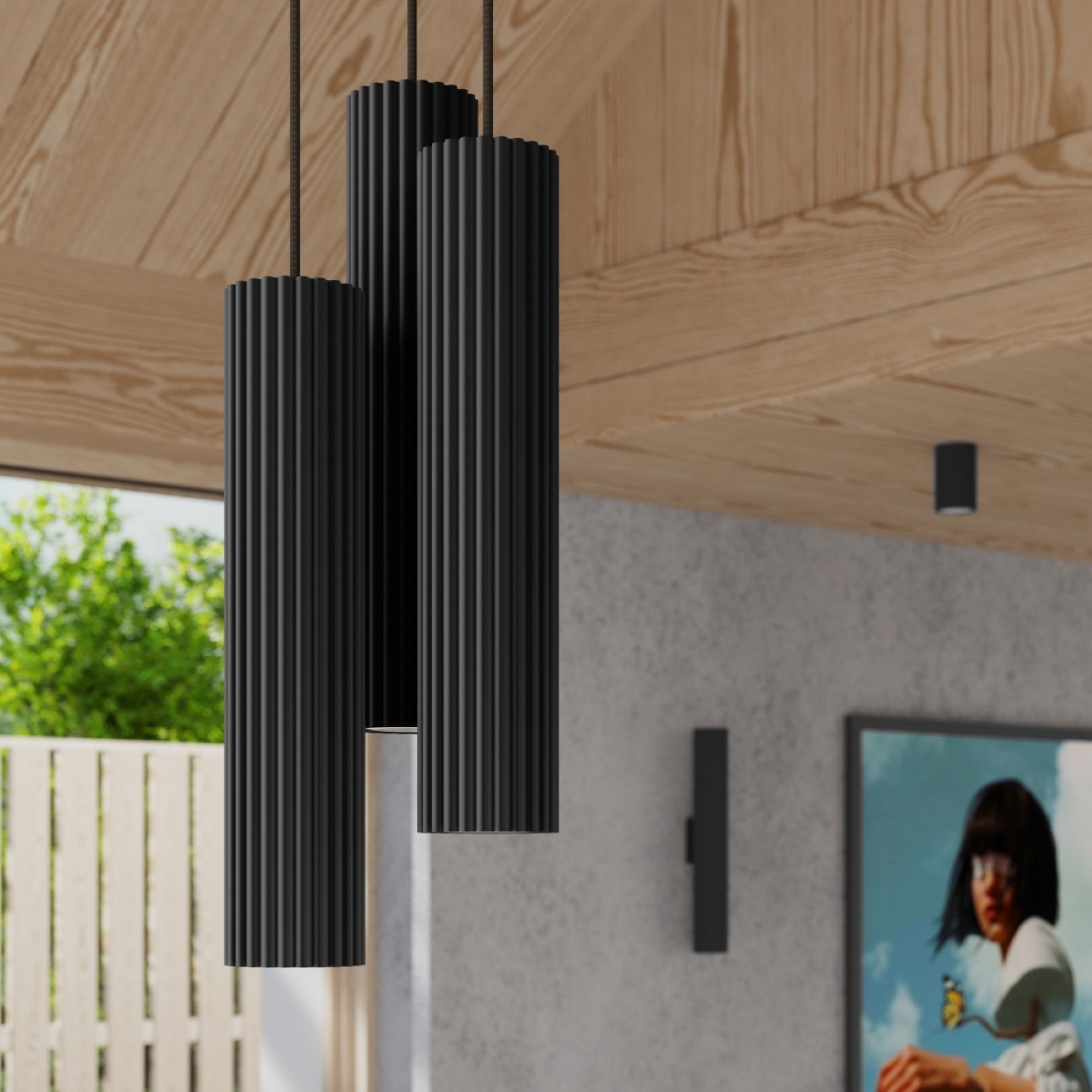 Lampa wisząca Karbon x3 czarna na okrągłej podsufitce