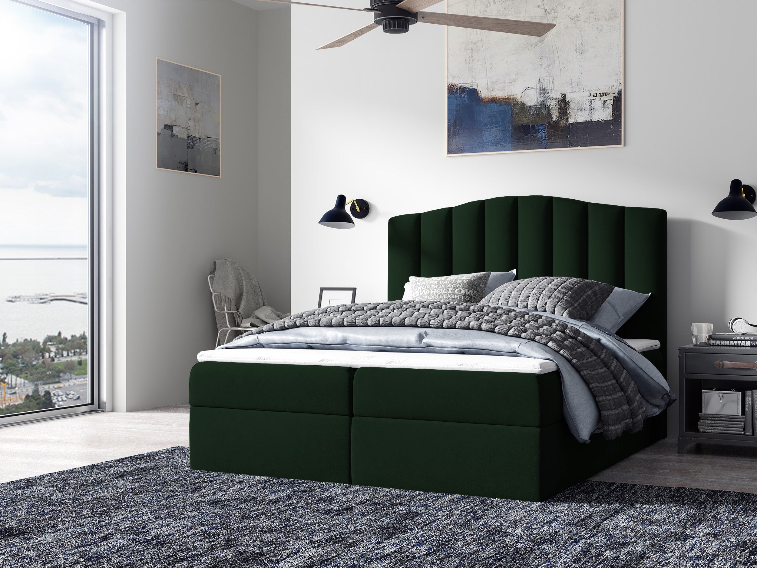 Łóżko kontynentalne Alcudia 120x200 z dwoma pojemnikami, materacem i topperem zielone hydrofobowe