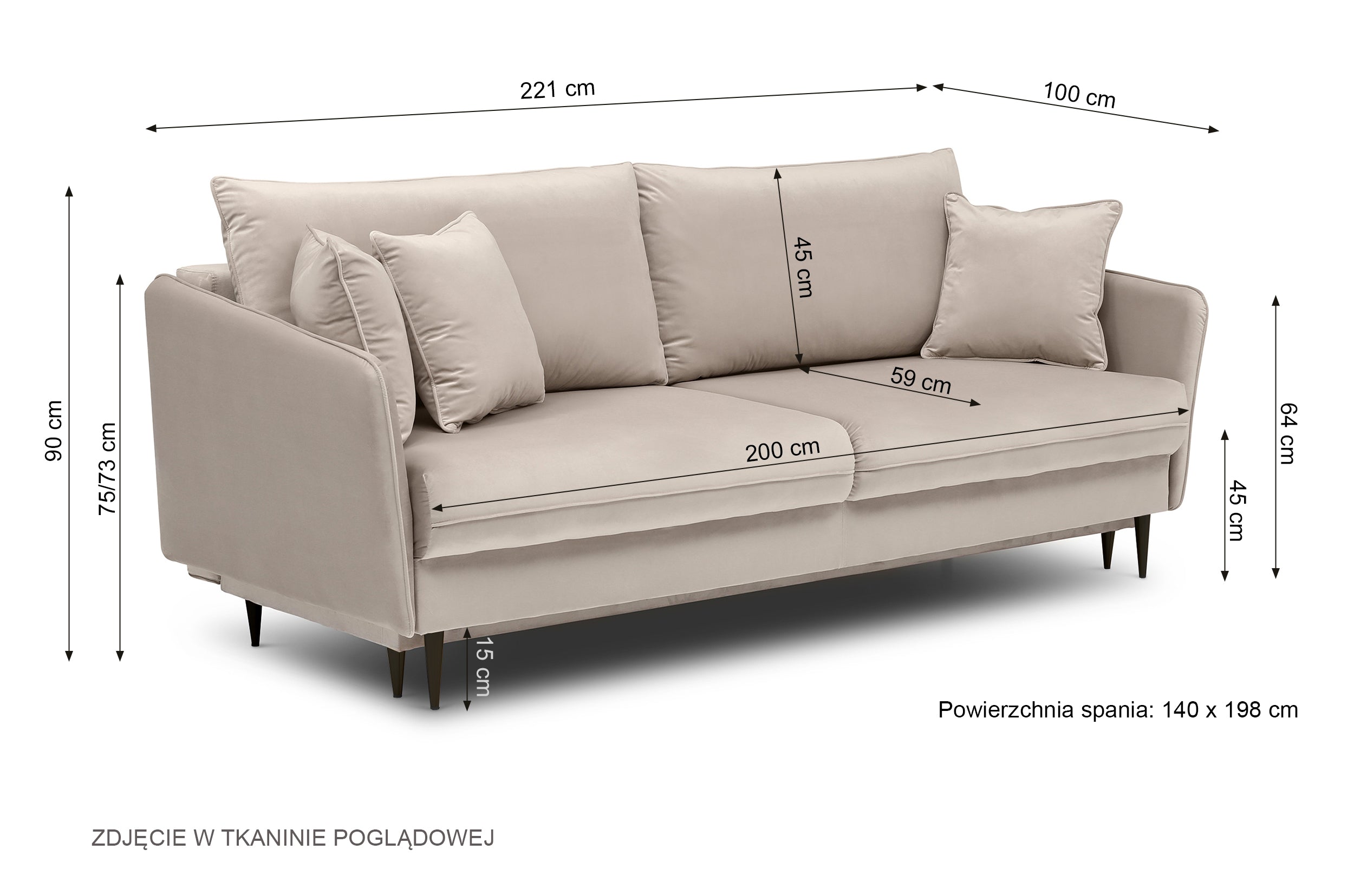 Kanapa rozkładana trzyosobowa Volio granatowa velvet hydrofobowy nogi czarne