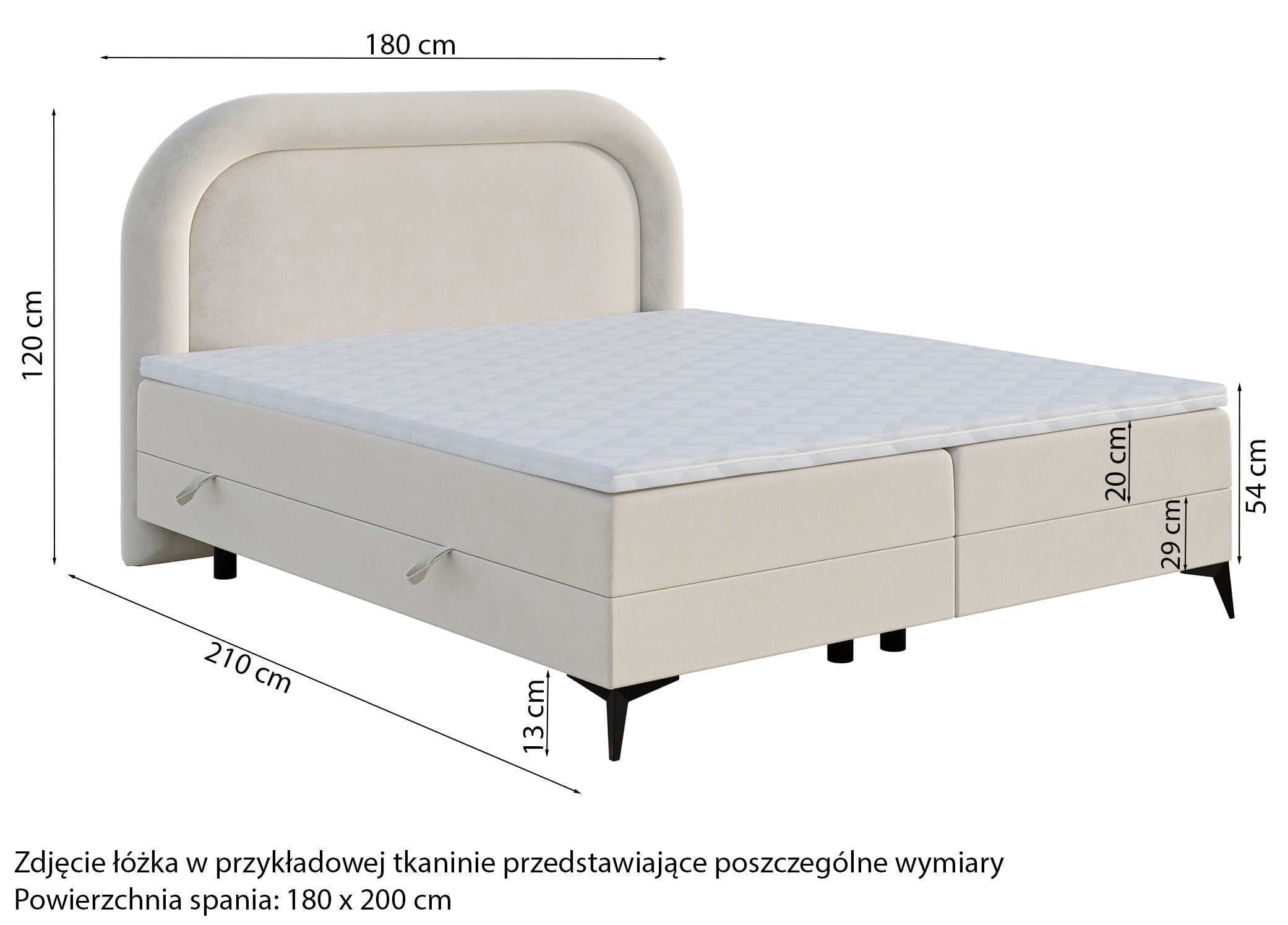 Łóżko kontynentalne 180x200 cm Loreo z topperem i pojemnikami jasnoszare welur