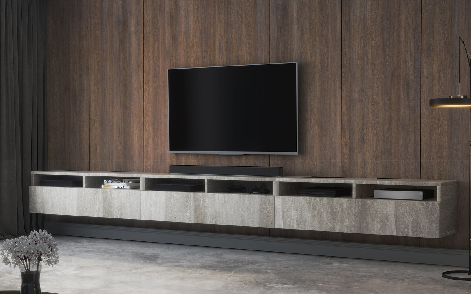 Szafka RTV z trzema szufladami Rednaw 300 cm Beton