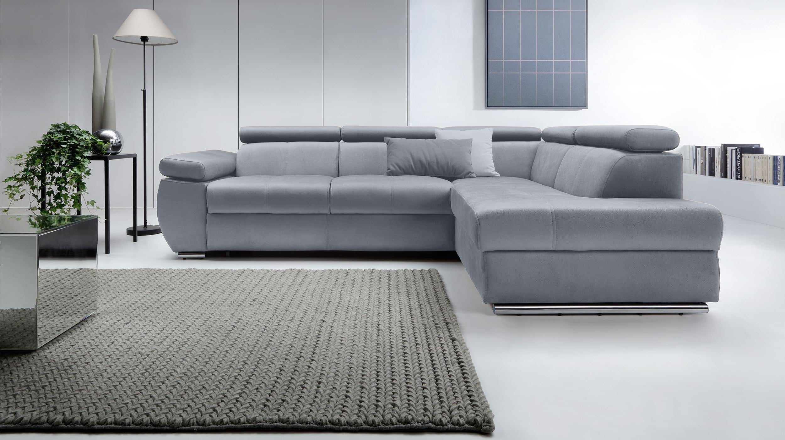 Narożnik z funkcją spania Ararip 268 cm L-kształtny z regulowanymi zagłówkami i pojemnikiem szary welur hydrofobowy prawostronny