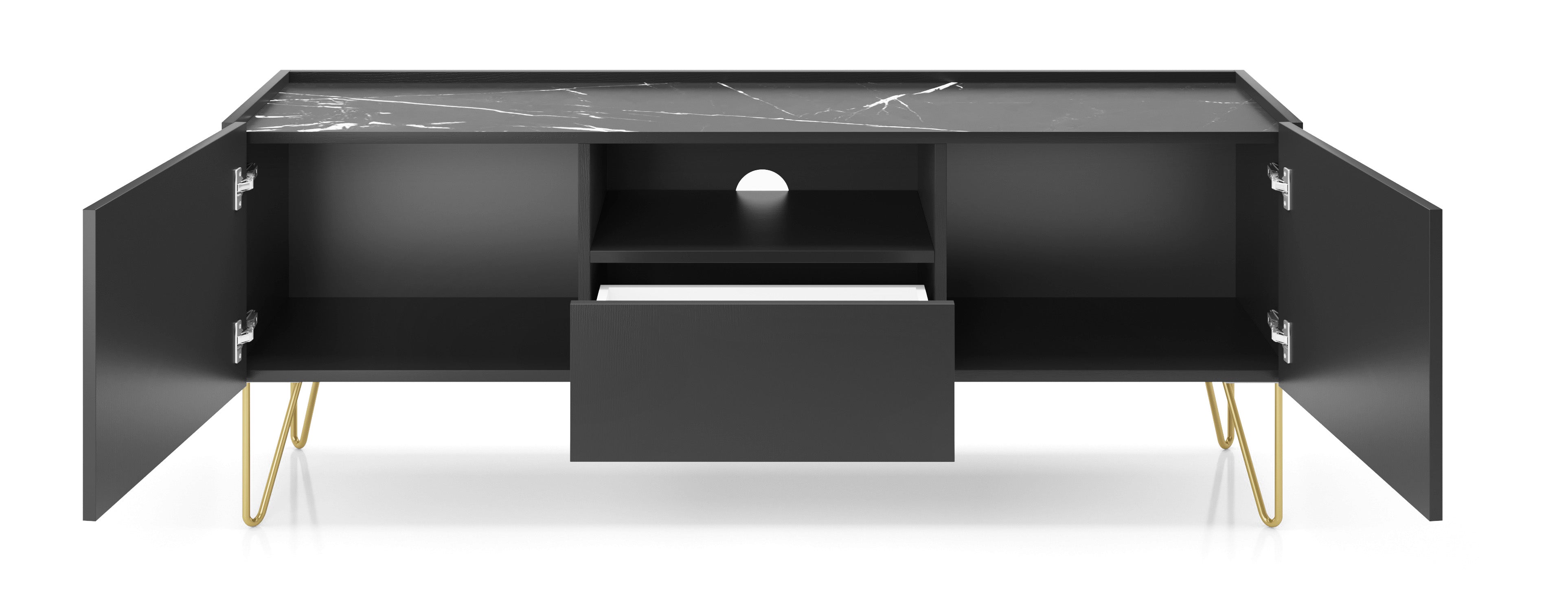 Szafka RTV Dohana z szufladą ze złotymi nogami 144 cm Czarny/Czarny marmur
