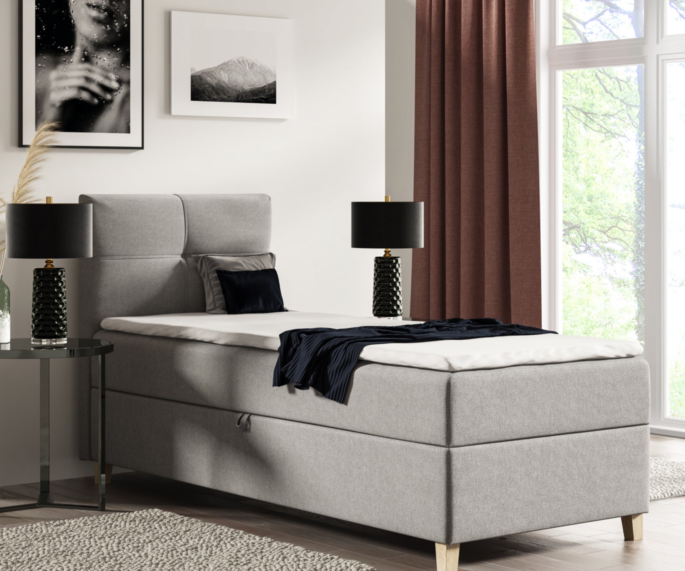 Łóżko kontynentalne 100x200 cm Firmini z pojemnikiem i topperem jednoosobowe szare welur lewostronne