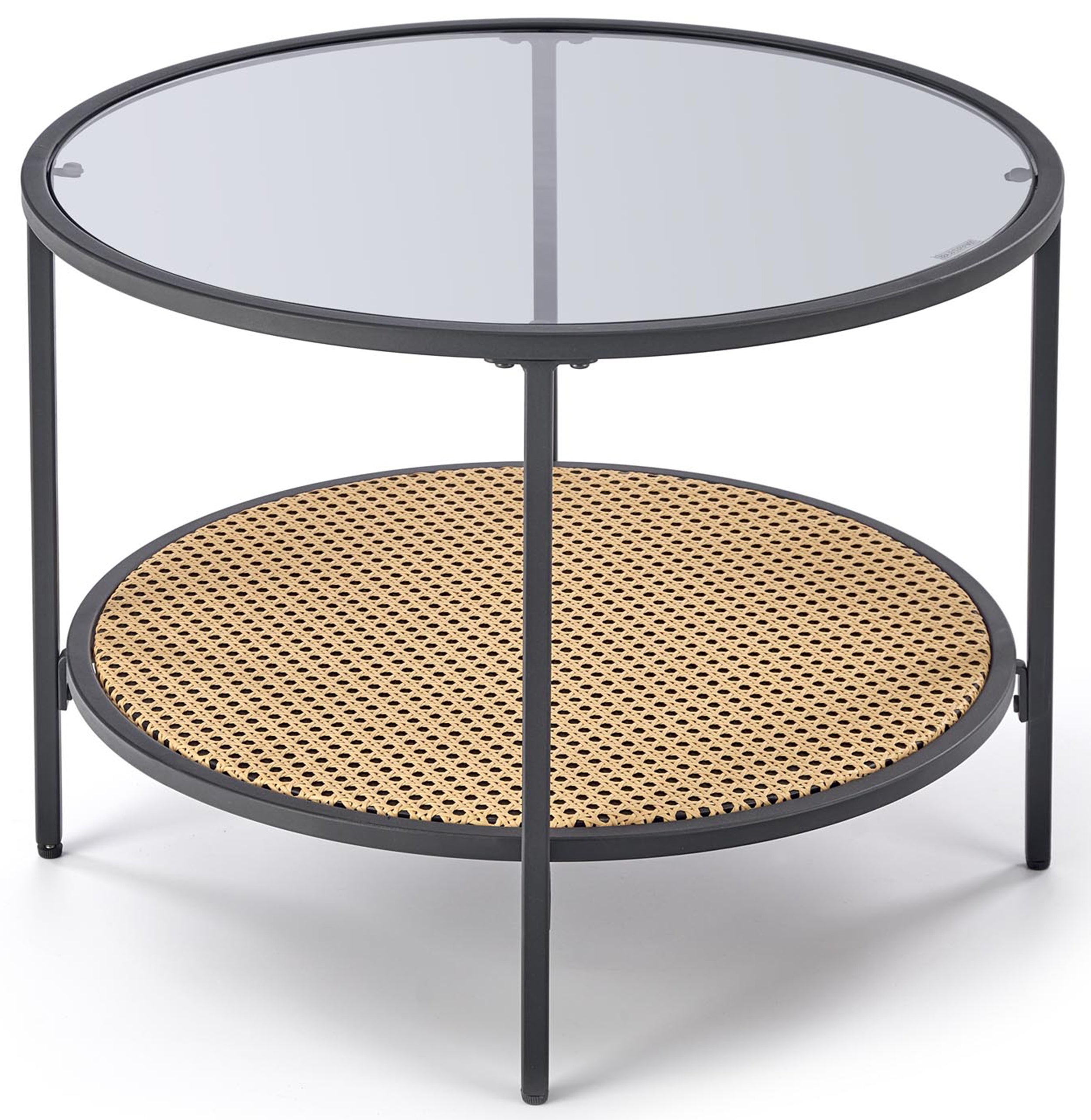 Stolik kawowy Dakota okrągły blat 60 cm rattanowa półka
