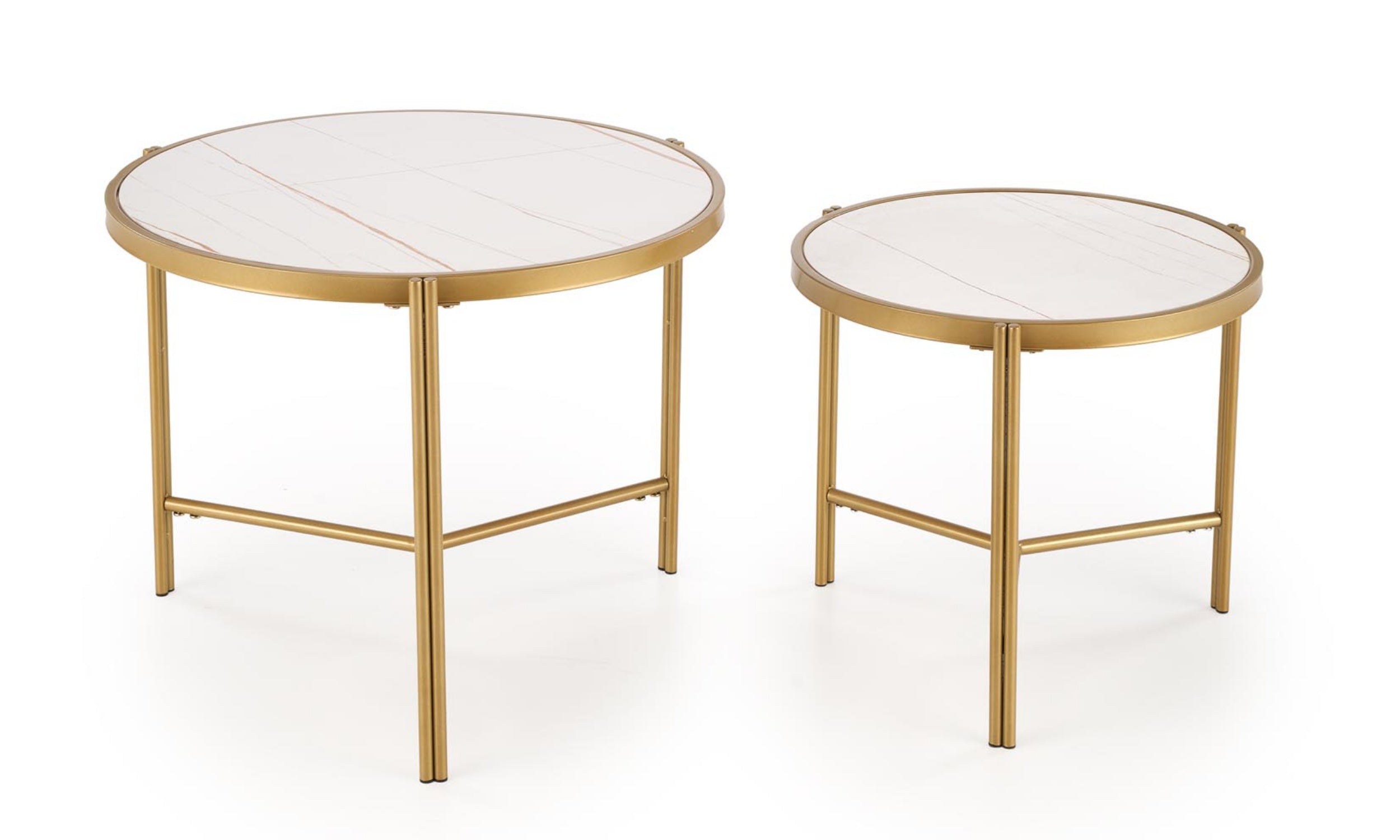 Zestaw dwóch stolików kawowych Hesivene z okrągłymi blatami 63 cm i 48 cm biały marmur/ złoty