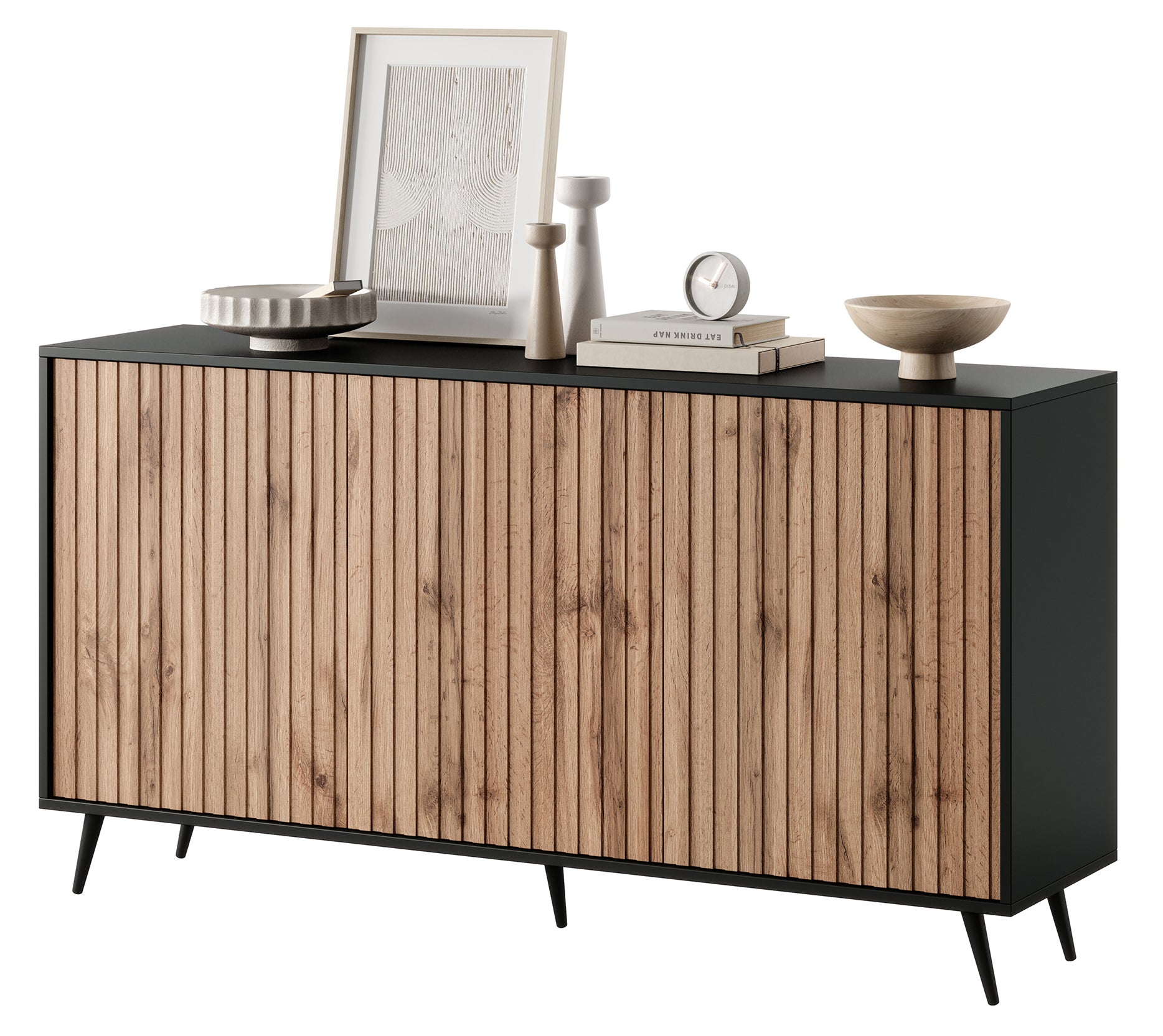 Komoda Bello z lamelowymi frontami 154 cm czarna/dąb wotan