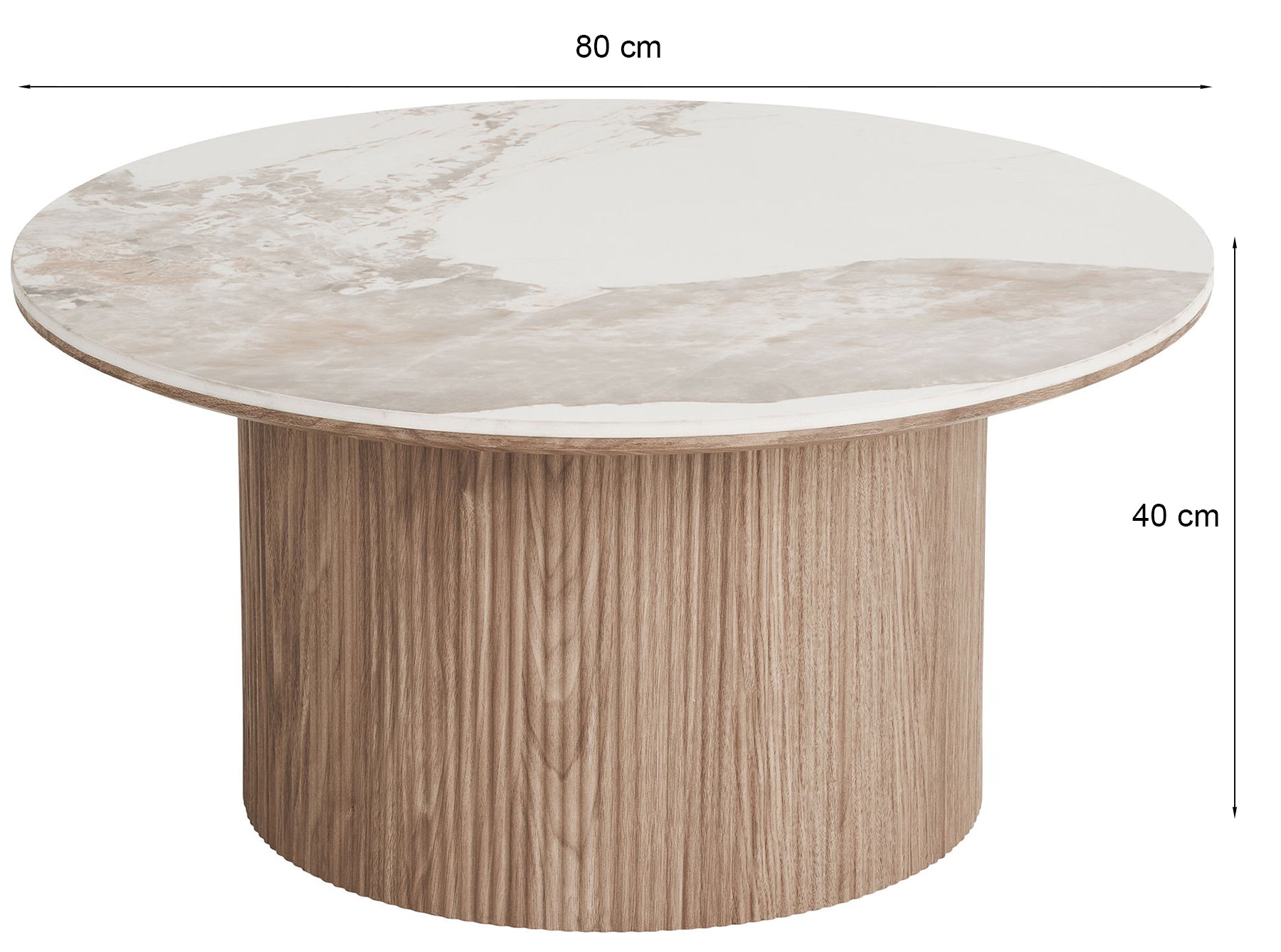 Stolik kawowy Athens okrągły 80 cm z okrągłą podstawą lamele jasny orzech ceramiczny blat