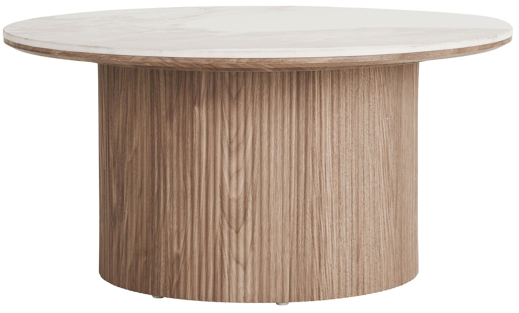 Stolik kawowy Athens okrągły 80 cm z okrągłą podstawą lamele jasny orzech ceramiczny blat