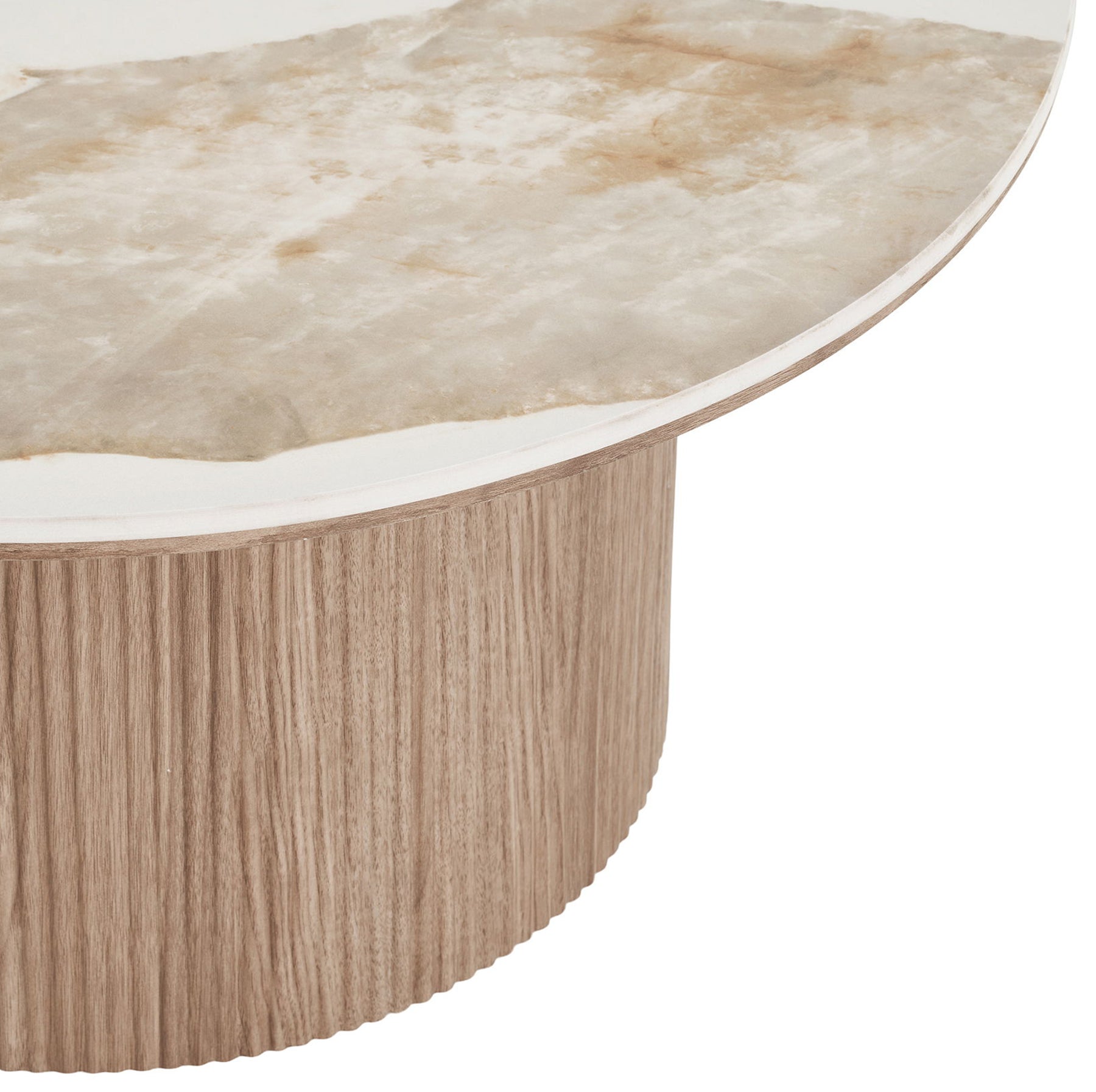Stolik kawowy Athens okrągły 80 cm z okrągłą podstawą lamele jasny orzech ceramiczny blat