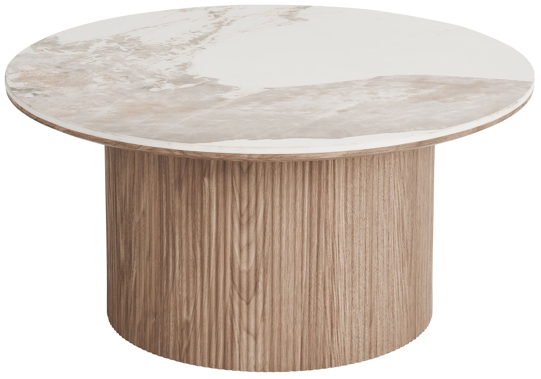 Stolik kawowy Athens okrągły 80 cm z okrągłą podstawą lamele jasny orzech ceramiczny blat