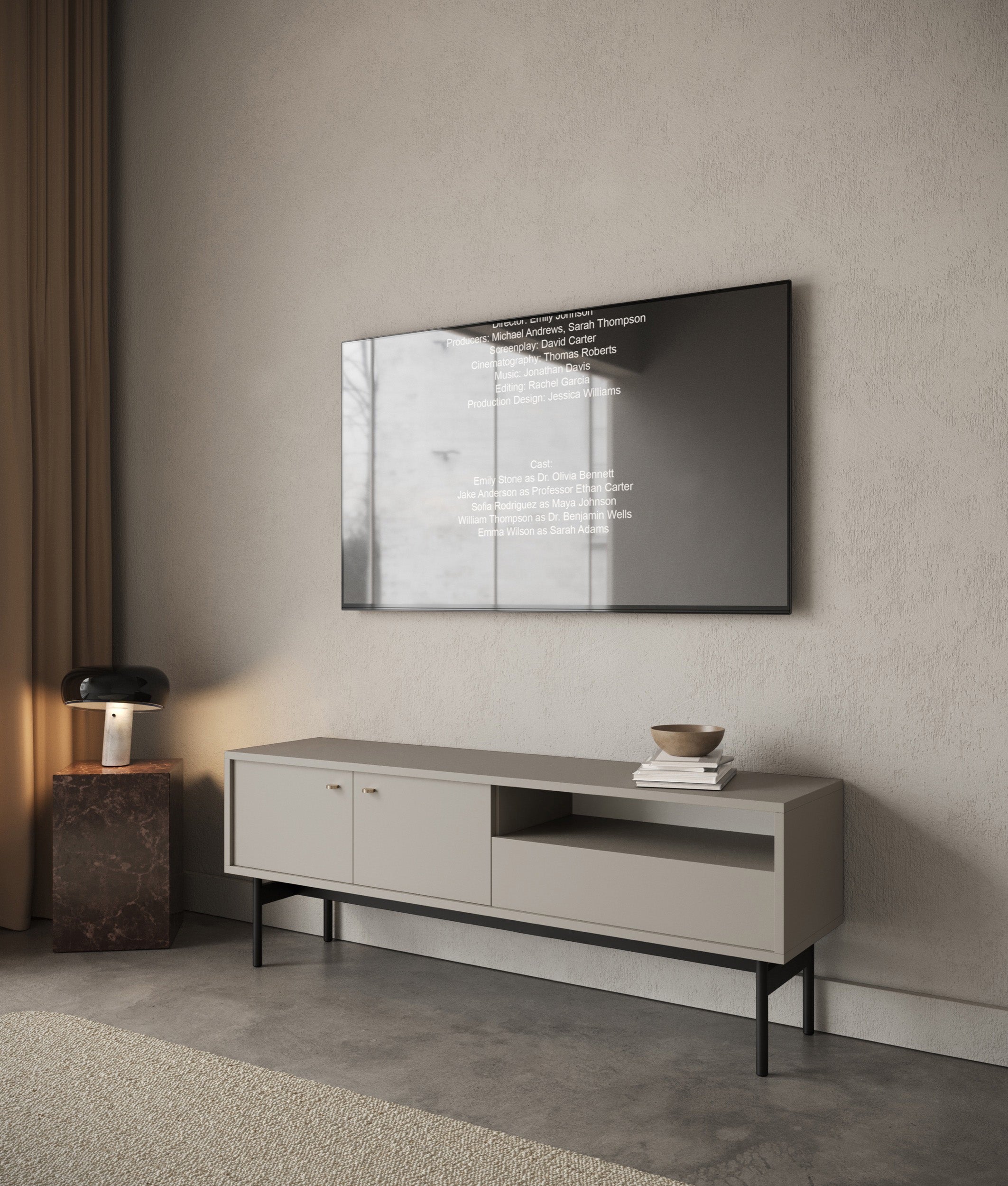 Szafka RTV dwudrzwiowa Olar z szufladą i wnęką 154 cm kaszmir