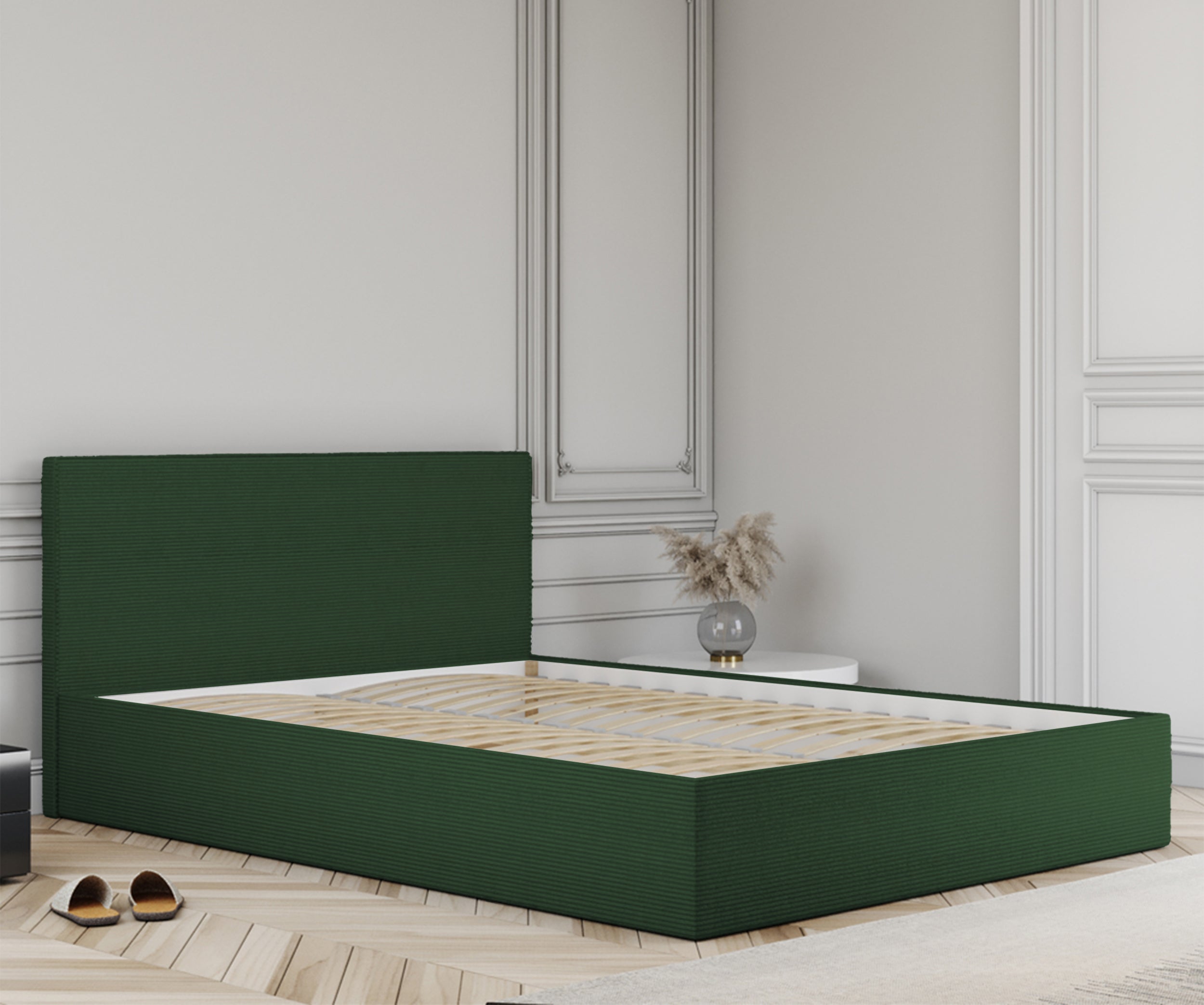 Łóżko tapicerowane 160x200 cm Campile z pojemnikiem zielone sztruks