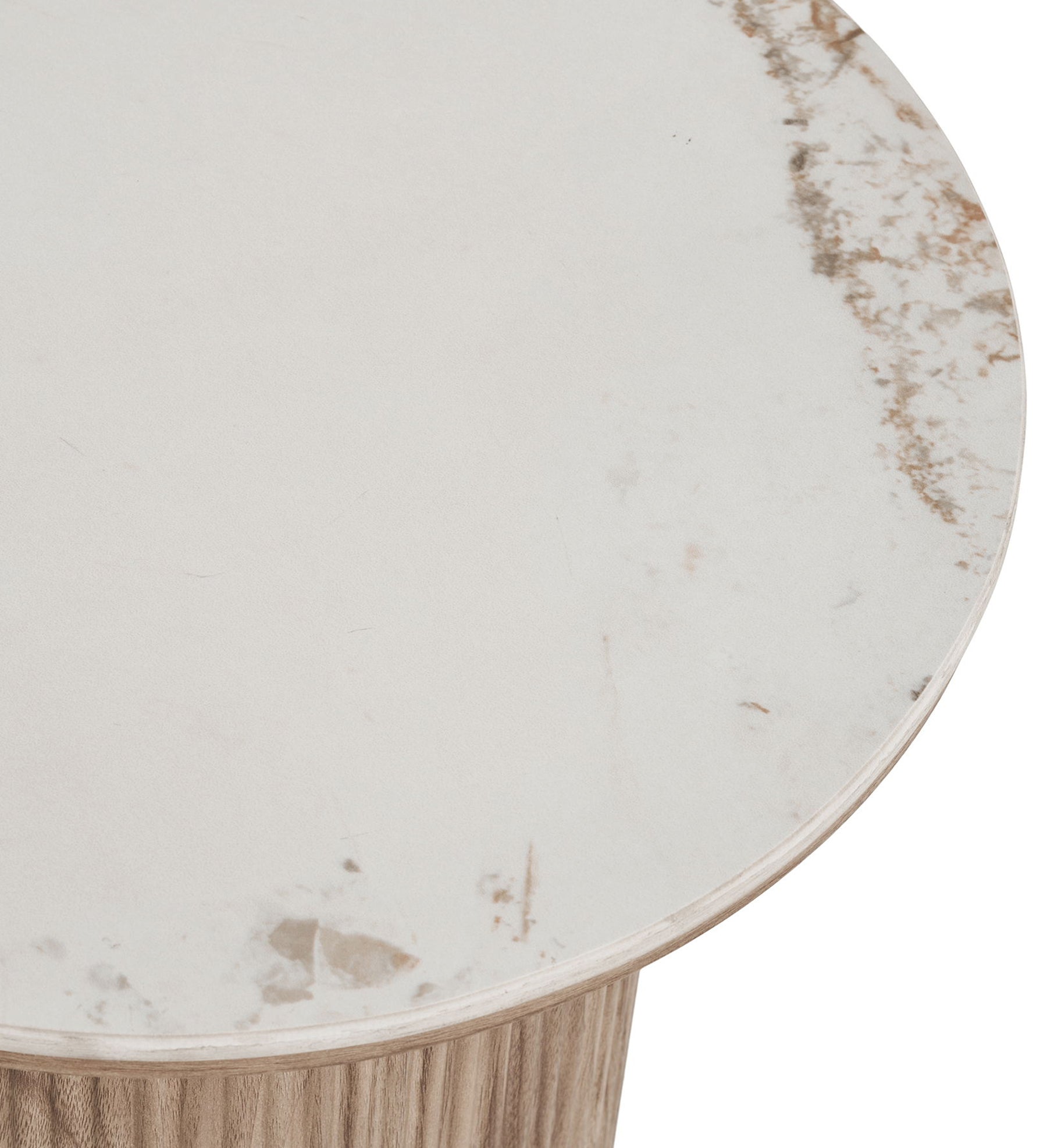 Stolik kawowy Athens okrągły 45 cm z okrągłą podstawą lamele jasny orzech ceramiczny blat