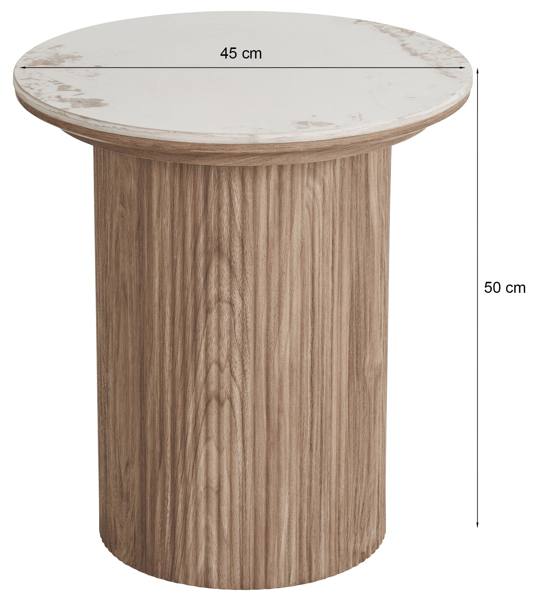 Stolik kawowy Athens okrągły 45 cm z okrągłą podstawą lamele jasny orzech ceramiczny blat