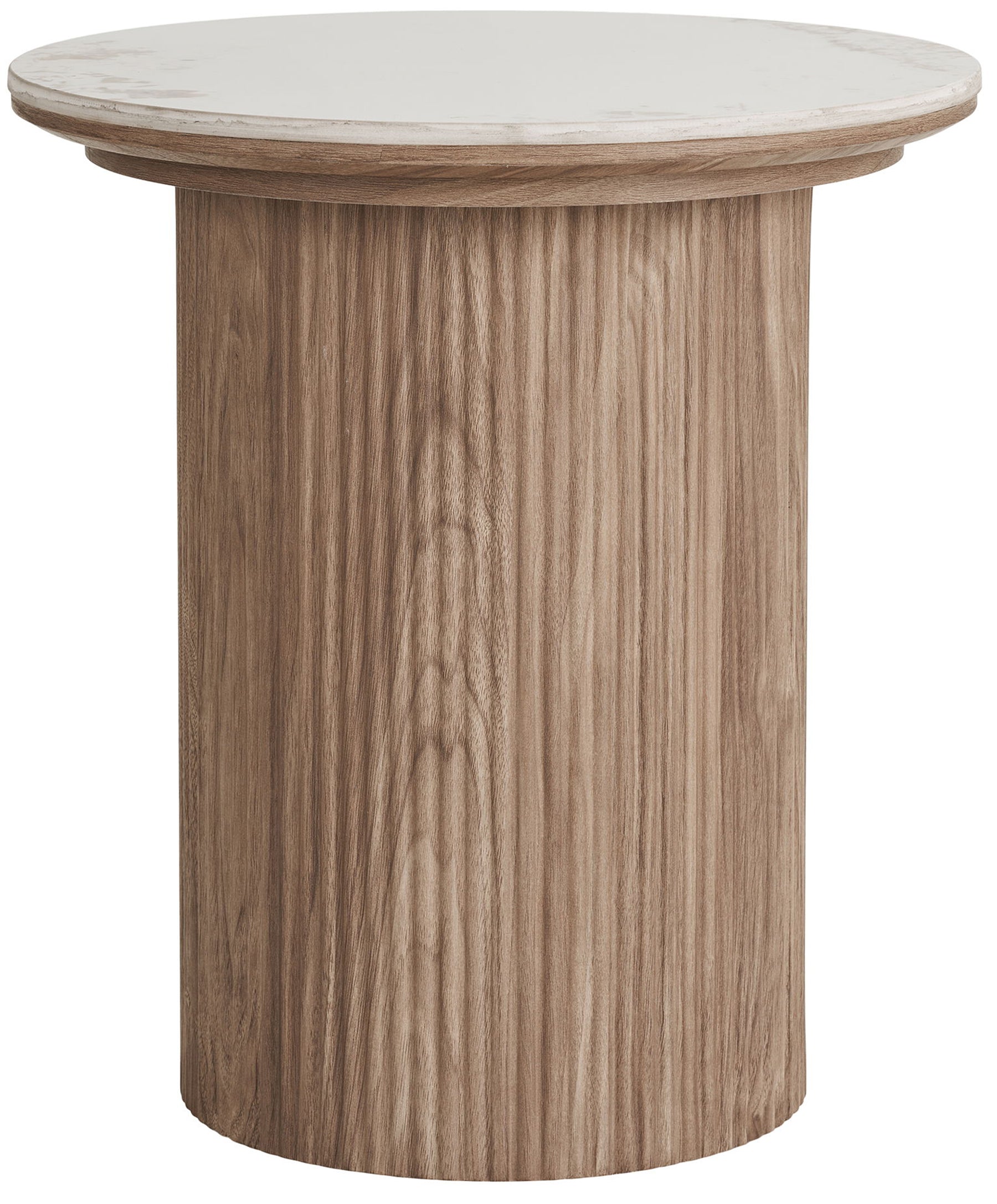 Stolik kawowy Athens okrągły 45 cm z okrągłą podstawą lamele jasny orzech ceramiczny blat