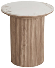 Stolik kawowy Athens okrągły 45 cm z okrągłą podstawą lamele jasny orzech ceramiczny blat