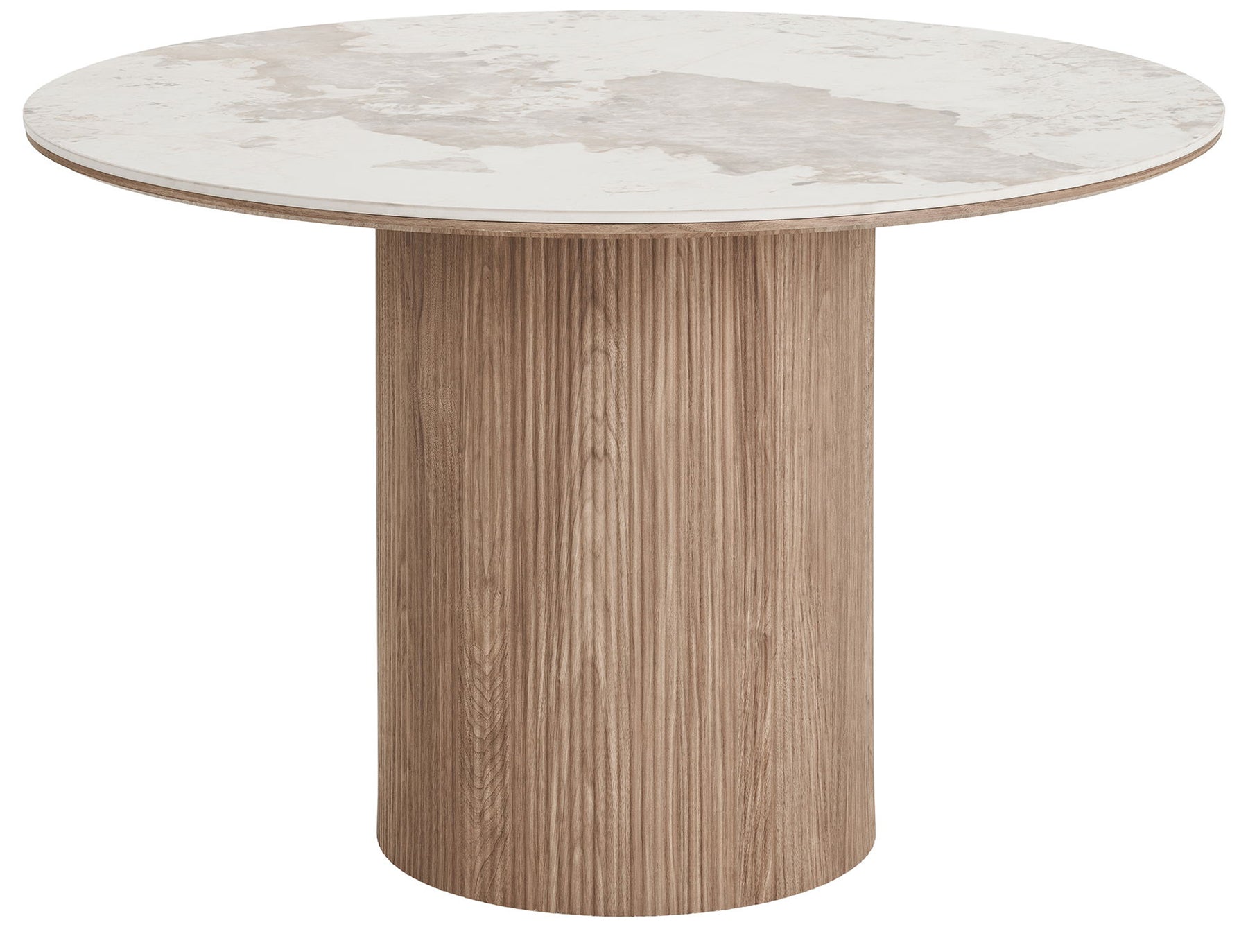 Stół okrągły do jadalni Athens 120 cm z okrągłą podstawą lamele jasny orzech ceramiczny blat